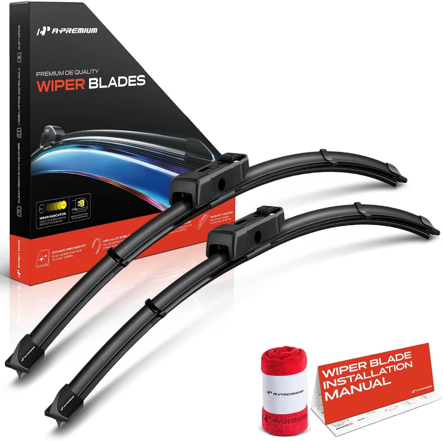 A-Premium 24" + 20" Windshield Wiper Blades Compatible with Volvo XC90 2016-2024, XC40 2018-2024, S90 2017-2024, V90 2016-2024 - TLPN Connector, with Wear Indicator & Towel (Pack of 2)
