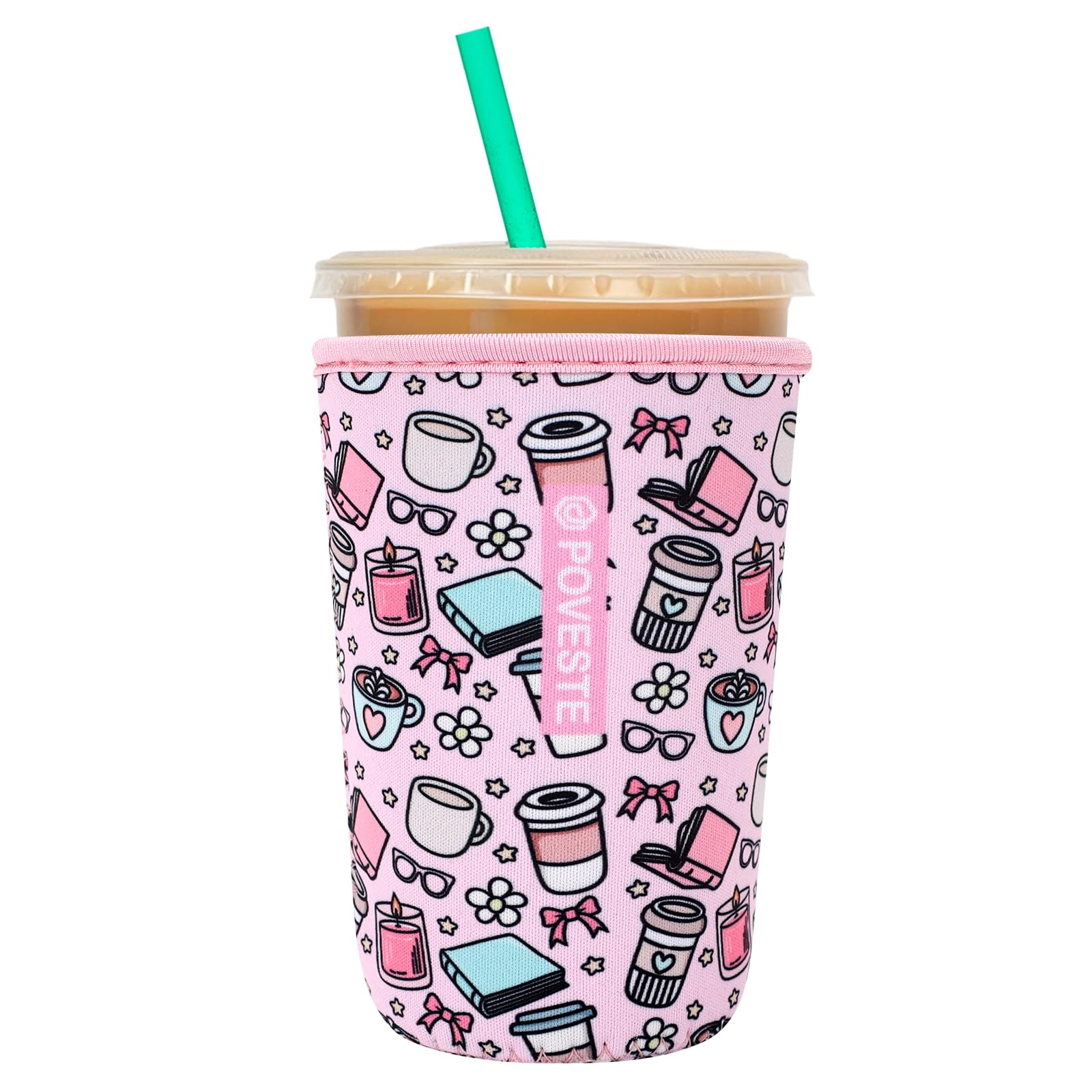 Reusable Neoprene Insulator Sleeve for Iced Coffee &amp; Cold Soda, Coffee Sleeves for Iced &amp; Hot Drinks, Cold Beverage Cooler Compatible with Starbucks, Dunkin (Coffee Break, Medium: 22-24oz)