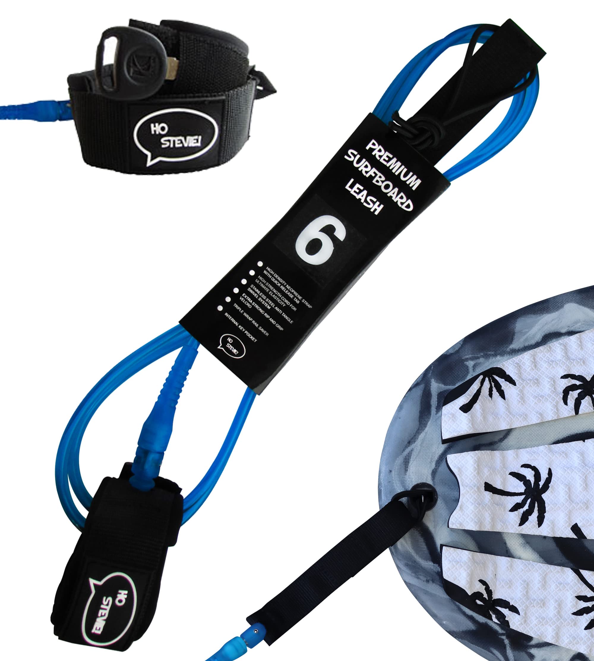 Ho Stevie! Premium Surf Leash [1 Year Warranty] Maximum Strength, Lightweight, Kink-Free, for All Types of Surfboards. 7mm Thick (1/4") 6/7/8/9 Feet