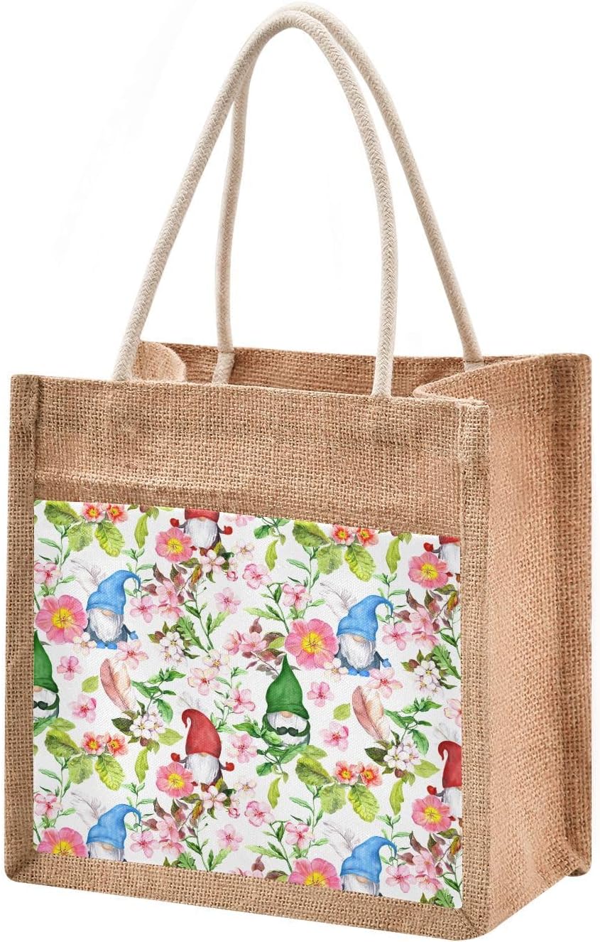 Mnsruu Burlap Jute Tote Bag Gnomes Pink Flowers Cherry Blossom Reusable Grocery Shopping Bag Beach Tote Bag for Women Girls Bridesmaid Wedding School 25x25x18cm