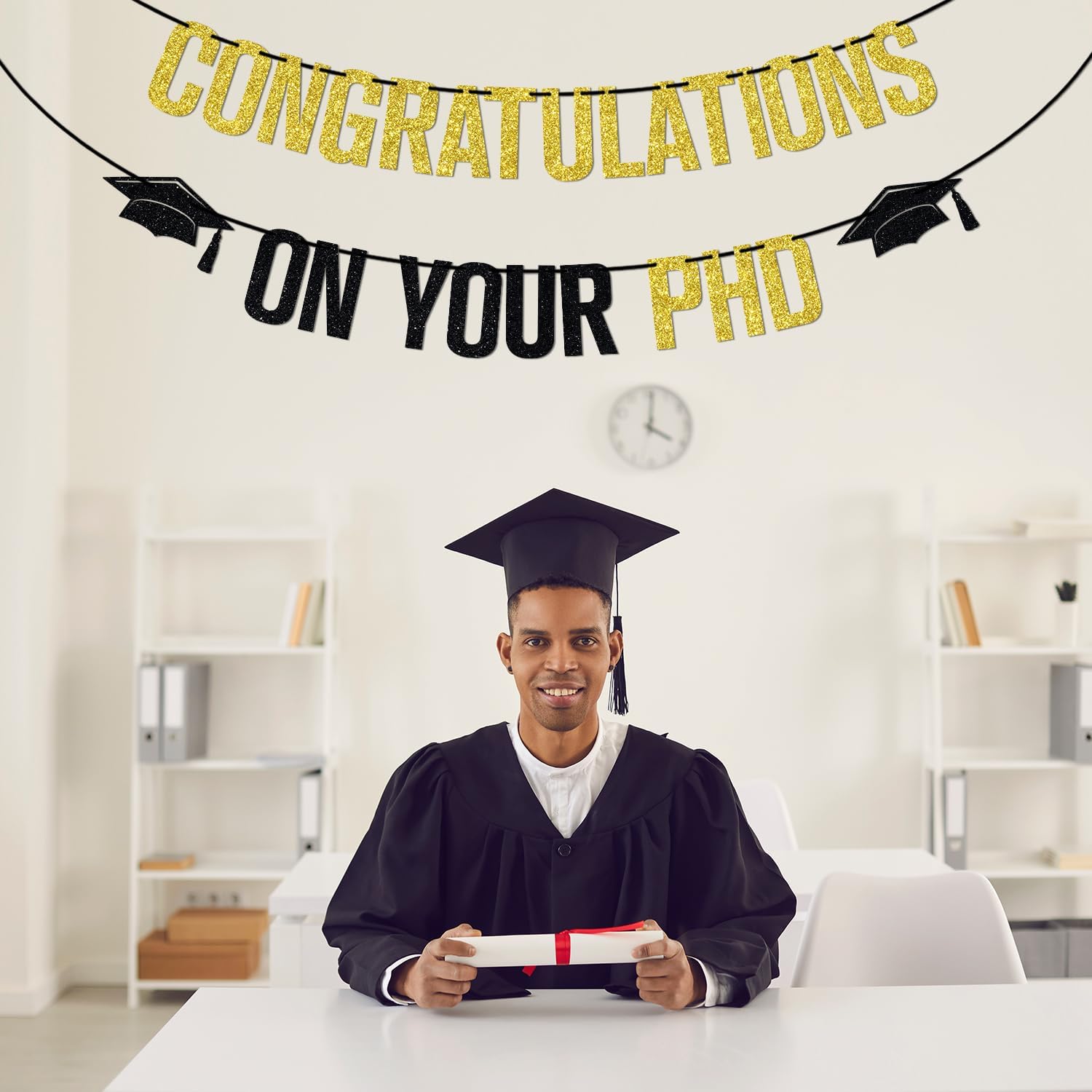 Gold Glitter Congratulations on Your PHD Banner, PHD Class of 2025/Congarts Grad/Congrats Doctor, 2025 Graduation Party Decorations Supplies