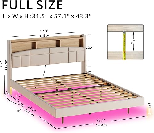 Miniatura 2 de ANCTOR Base de cama flotante Queen con estación de carga, cabecera alta para libros, soporte de listones de madera maciza, no necesita somier, fácil