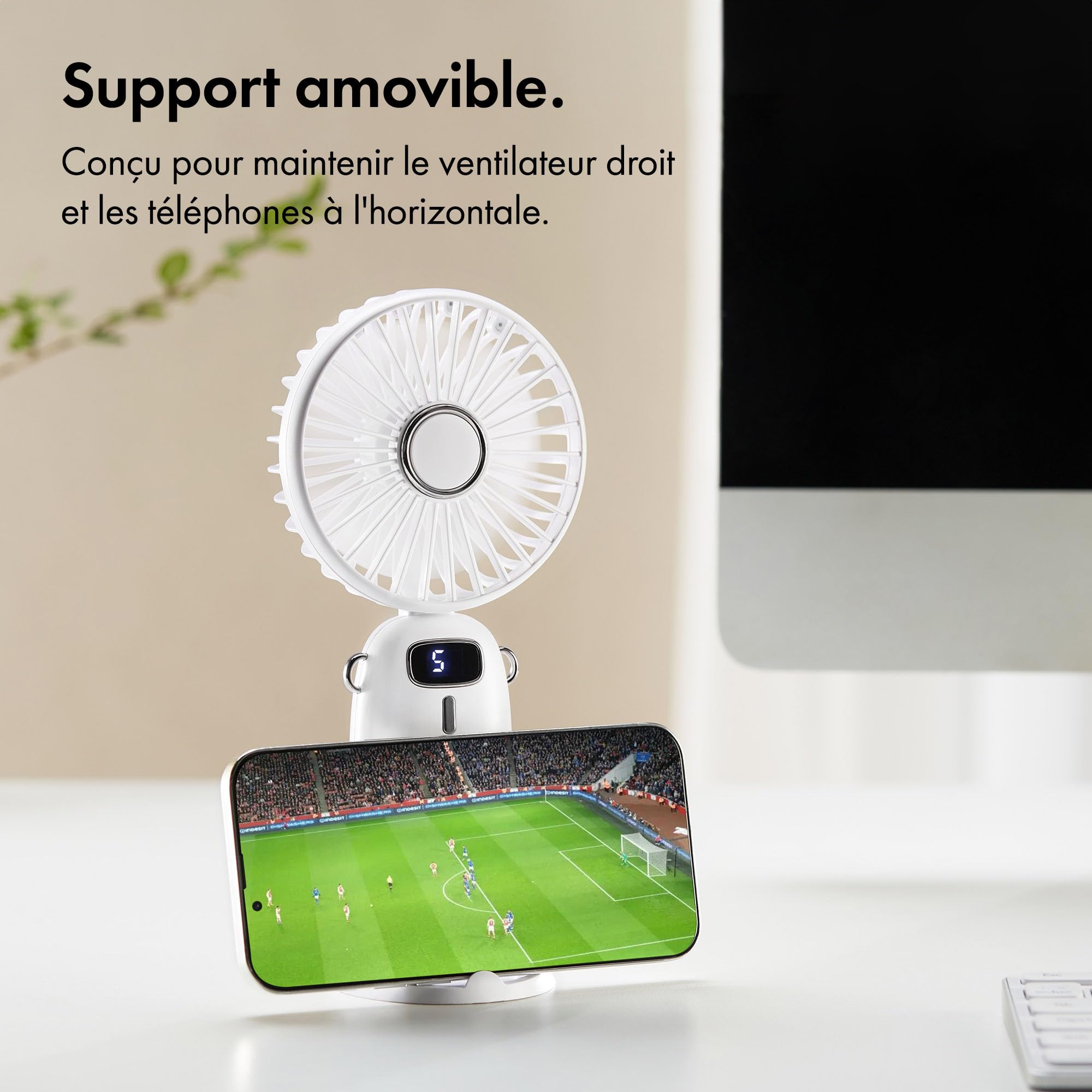 Mini Ventilateur USB Portable – 5 Vitesses, Pliable, Support Téléphone – Blanc