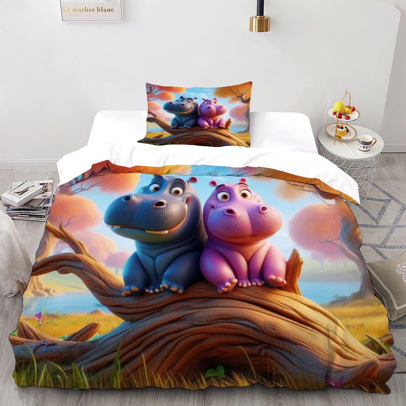 Housse de couette hippopotame sans repassage literie 3D thème animaux