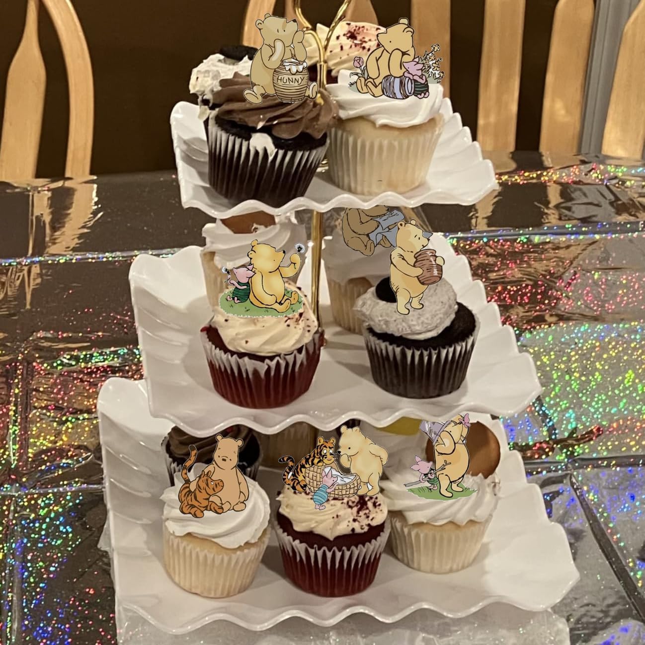 32PCS Classic Pooh Cupcake Toppers Party Supplies, First Birthday Cake Winnie Decor, Bear and Bee Themed Party Cake Topper