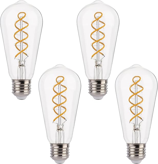 FLSNT LED Edison Bulb,ST58 Vintage Spiral Filament Light Bulb 4W(40W Equivalent),E27 Base,Non-Dimmable,Warm White 2200K,Clear Glass,4 Pack