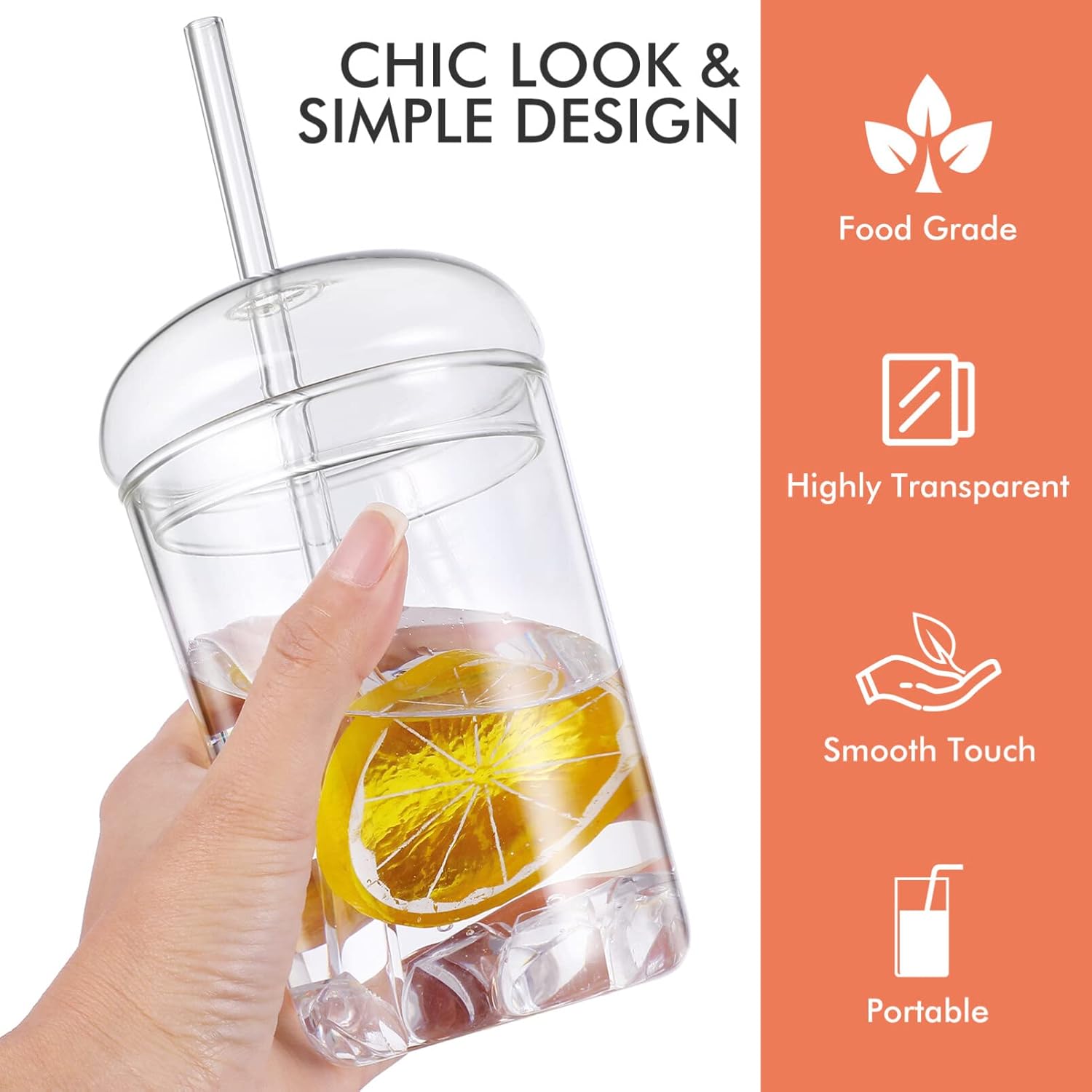 DOITOOL 2PCS Glass Cups with Lids and Straws 16oz Glass Coffee Ice Tea Water Cocktail Cups Clear Glass Drinking Cup Reusable Tumbler with Lid and Straw for Bubble Tea Juice Iced Coffee - Image 5
