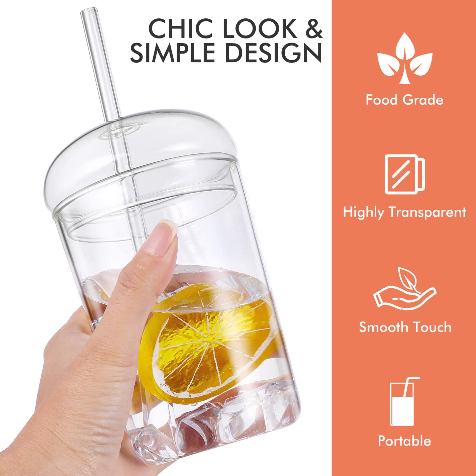 DOITOOL Lot de 2 tasses en verre transparent avec couvercles et pailles, 473,6 ml, pour café, thé, eau, cocktail, gobelet réutilisable avec couvercle et paille pour thé aux bulles, jus, café glacé