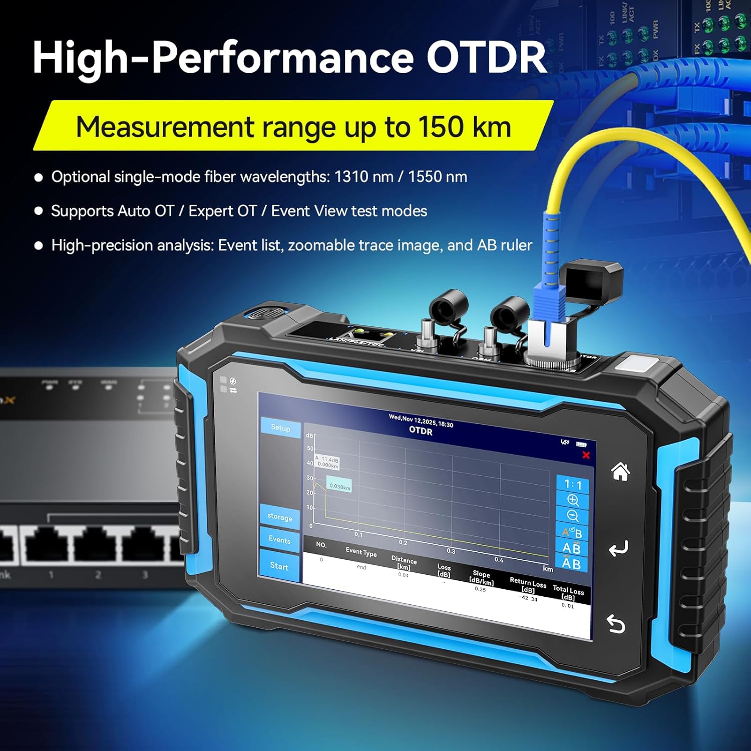 NOYAFA NF-982 OTDR Fiber Optic Tester, 5.5 inch Fiber Network Tester Support Event Map Optical Power Meter OLS/VFL/LS 350M Length Ping POE Test, IP Scan RJ45 Network Tools,1310/1550nm 150KM Range