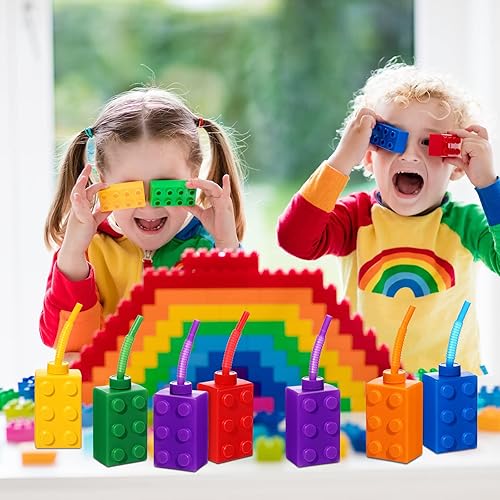 Miniatura 9 de Vasos de bloques de construcción de 10 onzas reutilizables para fiesta de ladrillo para niños, tazas de plástico para fiestas con tapas y pajitas