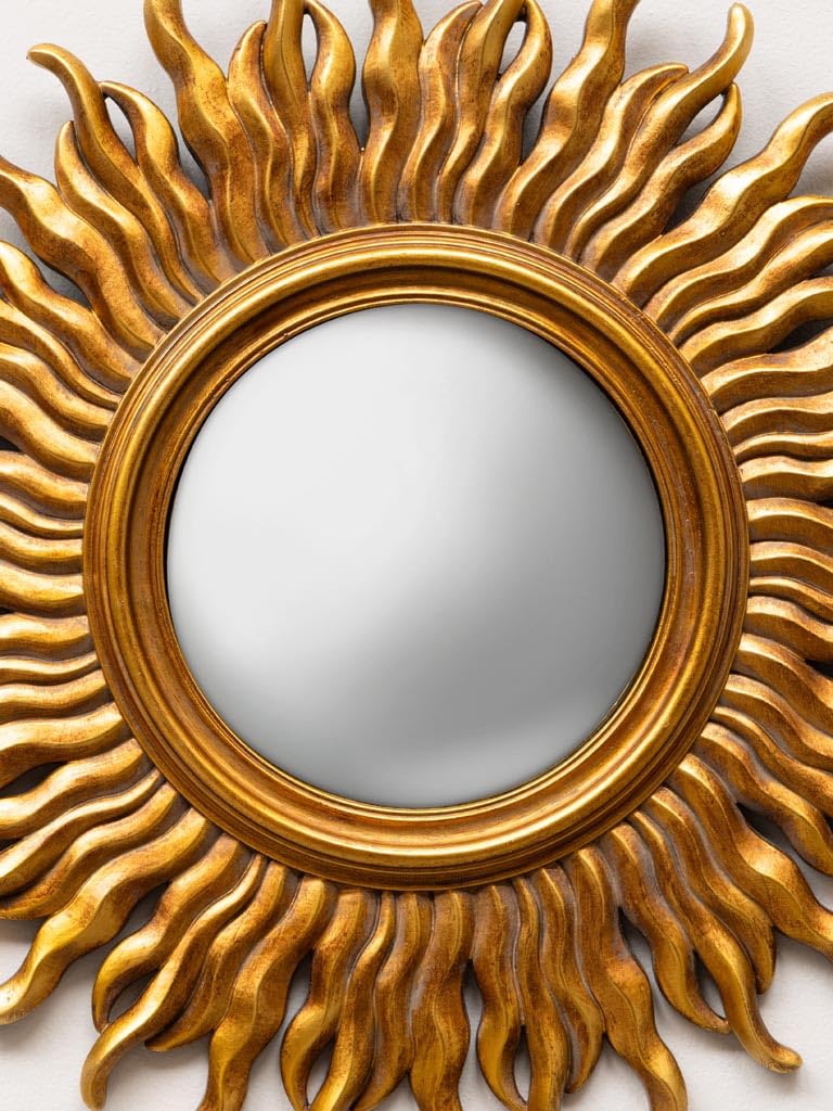 CHEHOMA Miroir Soleil Convexe Doré Patine vieillie Belle fabriaction avec systeme d'accroche Dimenssion : 35 cm