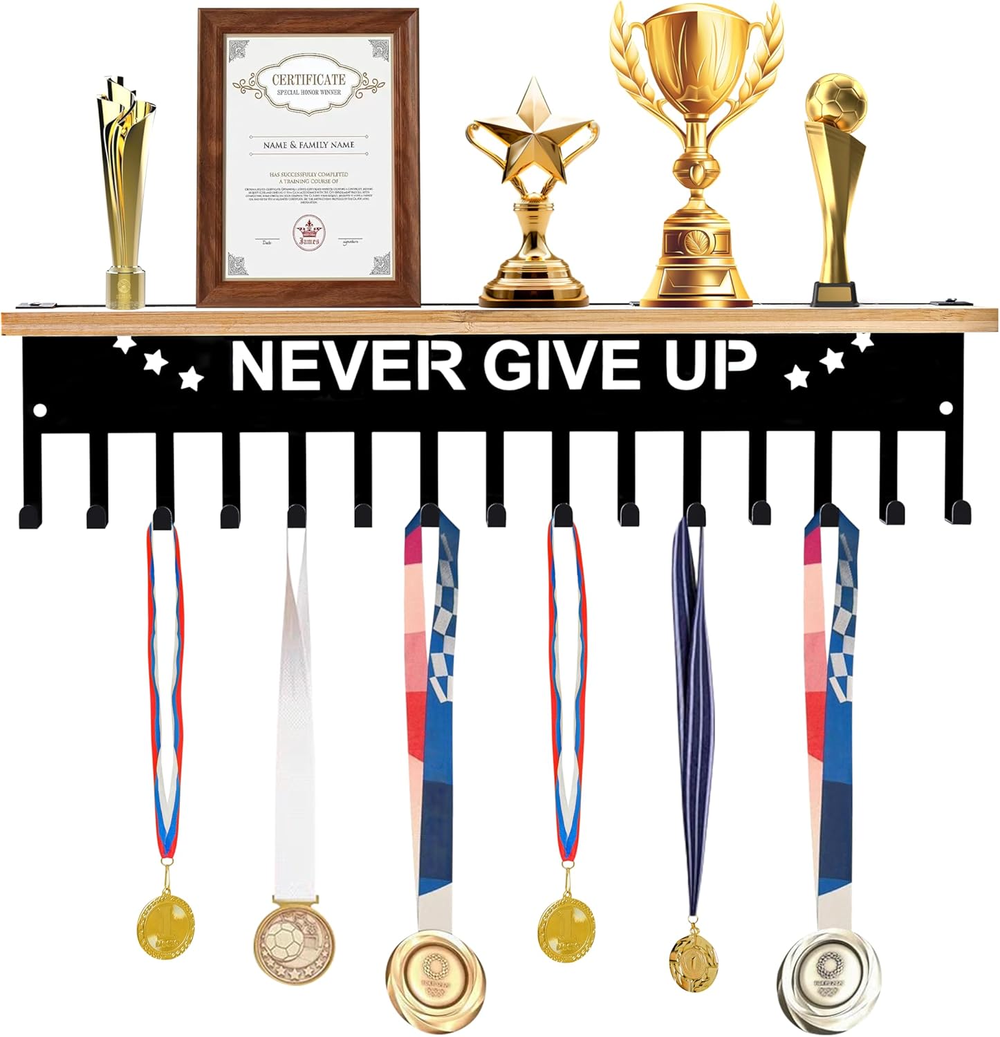 Heavy Duty Wall Mounted Black Iron Medal Hanger Display with Bamboo Trophy Shelf Never Give Up Design 15 Hooks for Winning Medals Stable and Secure Award Showcase for Honors and Achievements