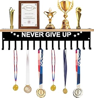 Heavy Duty Wall Mounted Black Iron Medal Hanger Display with Bamboo Trophy Shelf Never Give Up Design 15 Hooks for Winning Medals Stable and Secure Award Showcase for Honors and Achievements