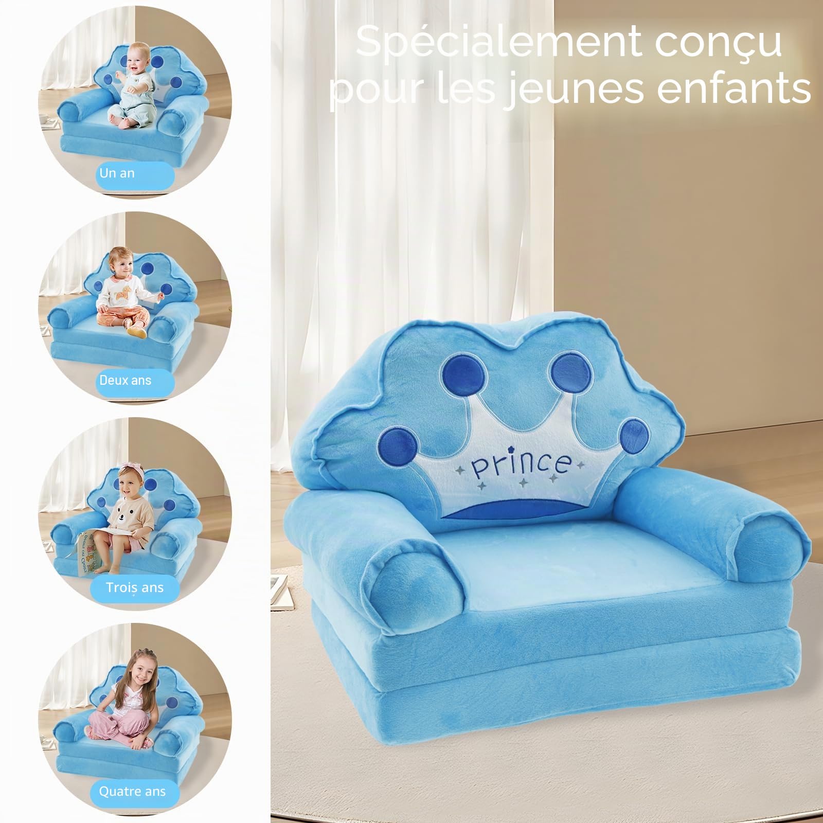 Canapé pour Enfants, Chaise pour Petits Enfants 2-en-1 avec Poignée, 80×50 cm, Fauteuil de Salon Pliable pour Bébé, Canapé de Jeu Transformable en Chaise Longue pour Filles et Garçons de 1 à 4 Ans