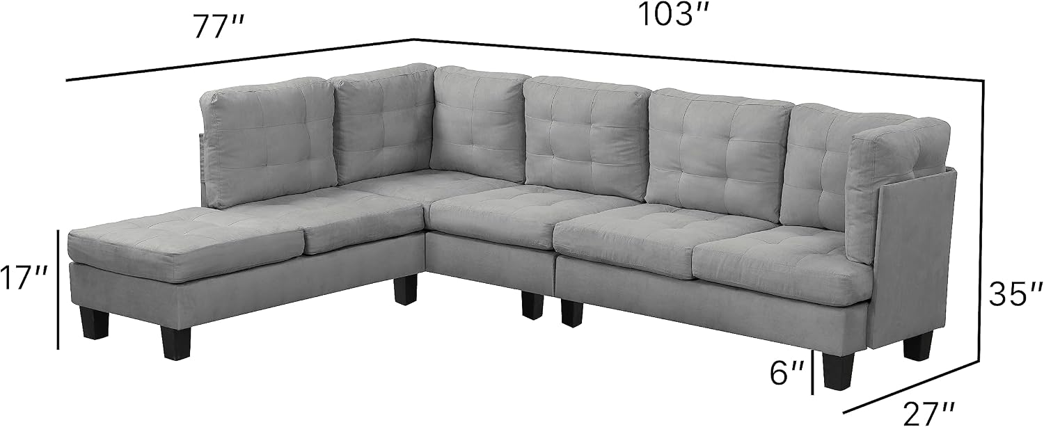 Casa Andrea Milano Modern 3 Piece Modern Reversible Sectional Sofa Couch with Chaise