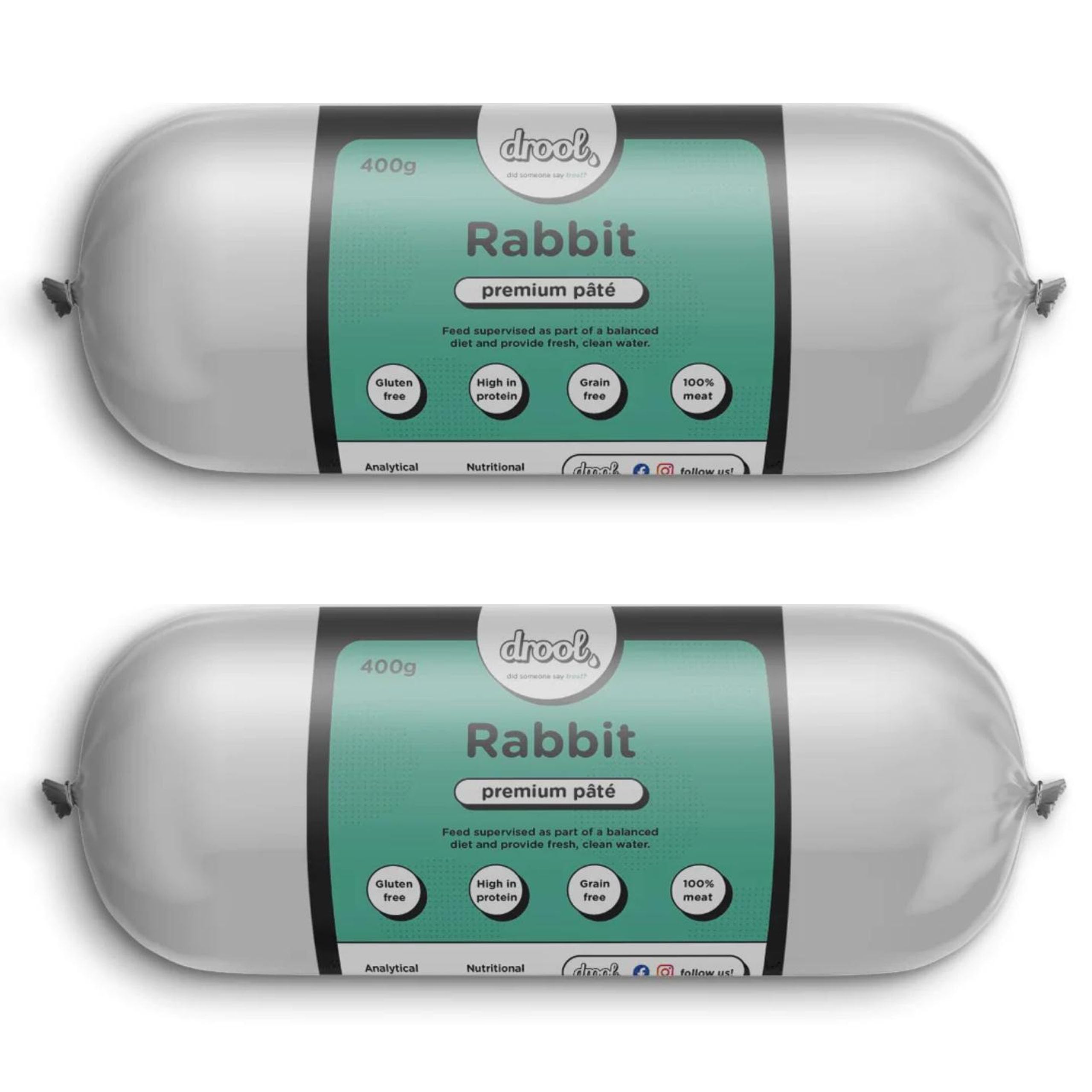 Drool Pet Products | Premium 2 x Rabbit Dog Pate Tube Roll | Grain-Free High Protein Dog Food | Twin Pack 2 x 400g โ image 1