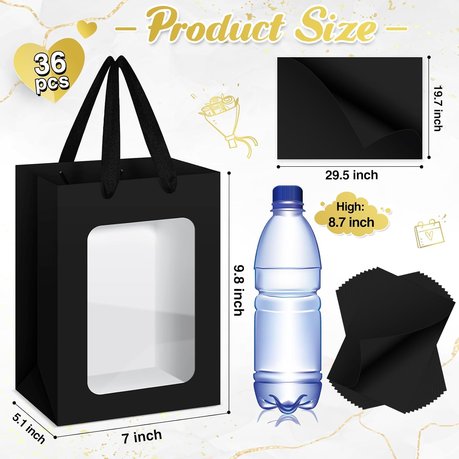 zhanmai 36 pcs kraft clear gift bags with tissue paper, 10 x 7 x 5 inch laege paper gift bags with window handles for bouquet graduation wedding baby shower birthday festivals party favors(black)
