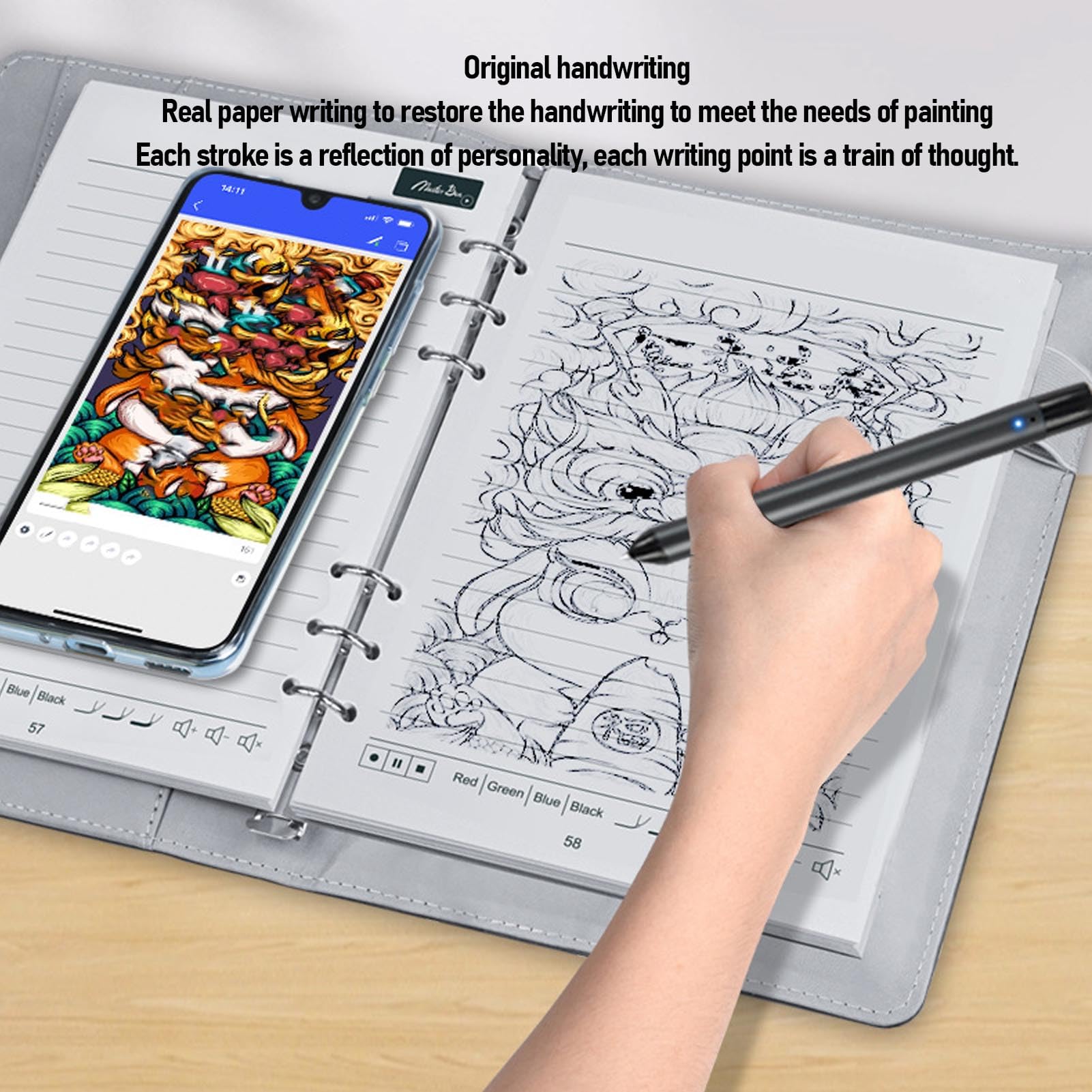 Topiky Smart Pen Notebook Set, 5.0 Stylo Numérique avec 360 ° Angle D'écriture en Temps Réel OCR Reconnaissance de Texte, pour iOS Étude Dessin Prise de Notes (Patchwork Gris Noir)