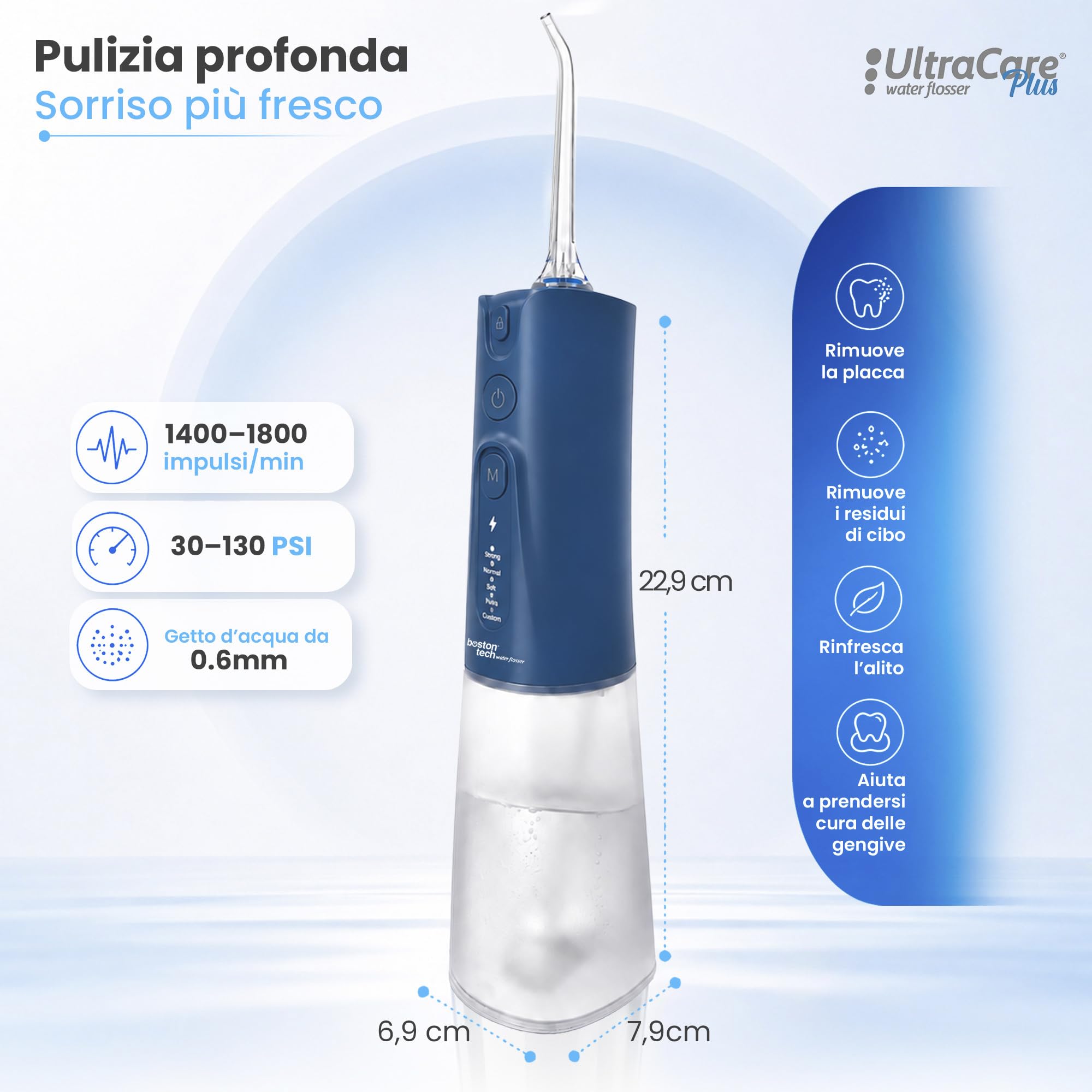 Aquapik® UltraCare Plus Idropulsore Dentale/Irrigatore Orale senza fili e ricaricabile IPX8 impermeabile per casa e viaggio, rimuove la placca e protegge gengive, 5 modalità, 8 beccucci, 300 ml (Blu)