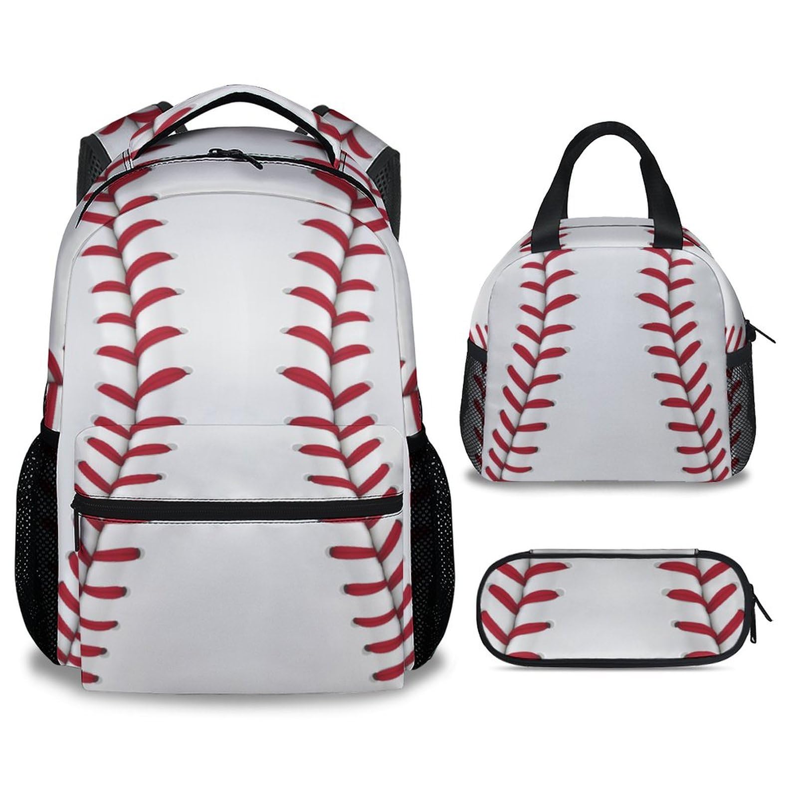 COOPASIA Baseball Backpack with Lunch Box Set for Boys, 3 in 1 School Backpacks Matching Combo, Sports White Bookbag and Pencil Case Bundle