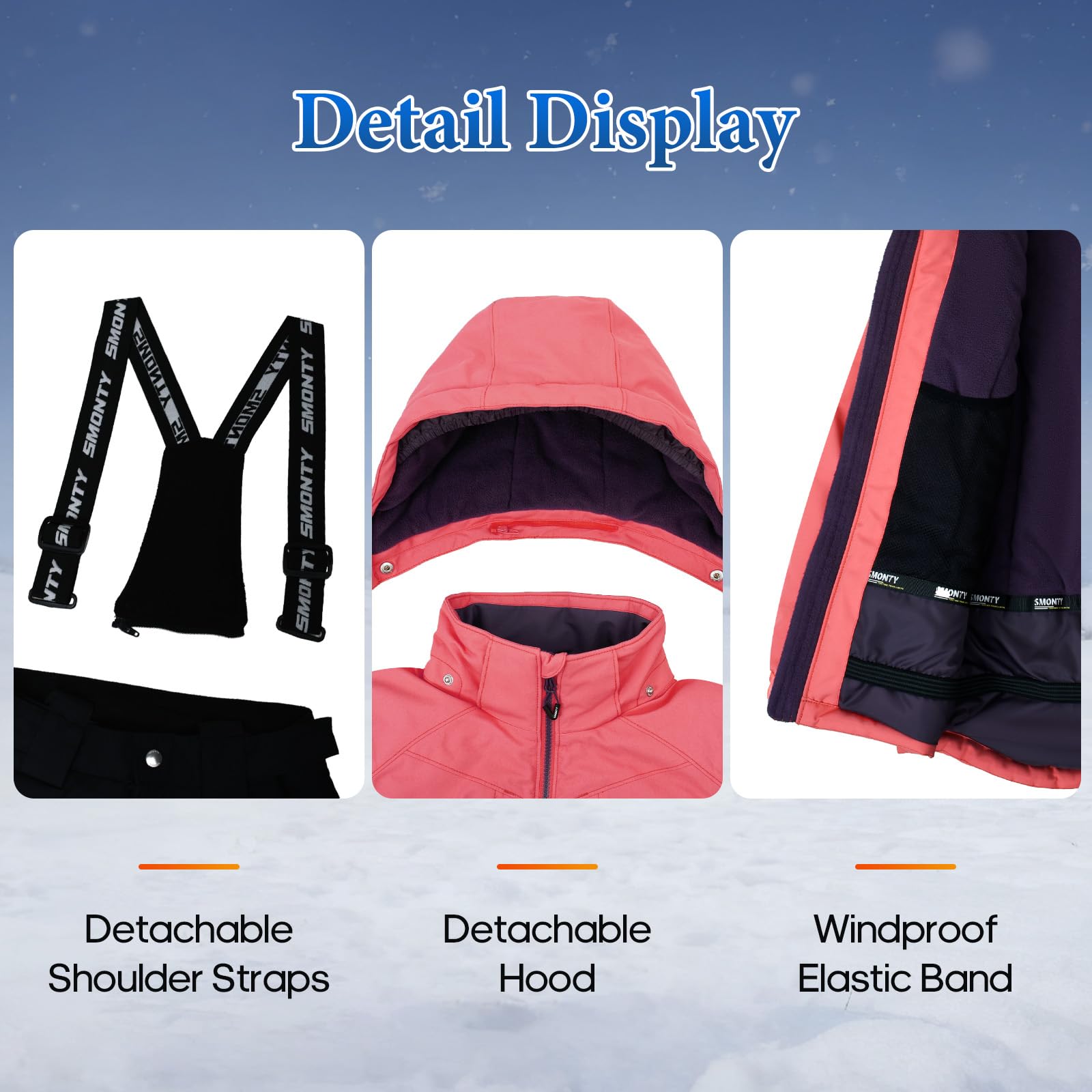 SMONTY SNOWER Traje de nieve con capucha desmontable, traje de esquí, extra caliente, traje de invierno