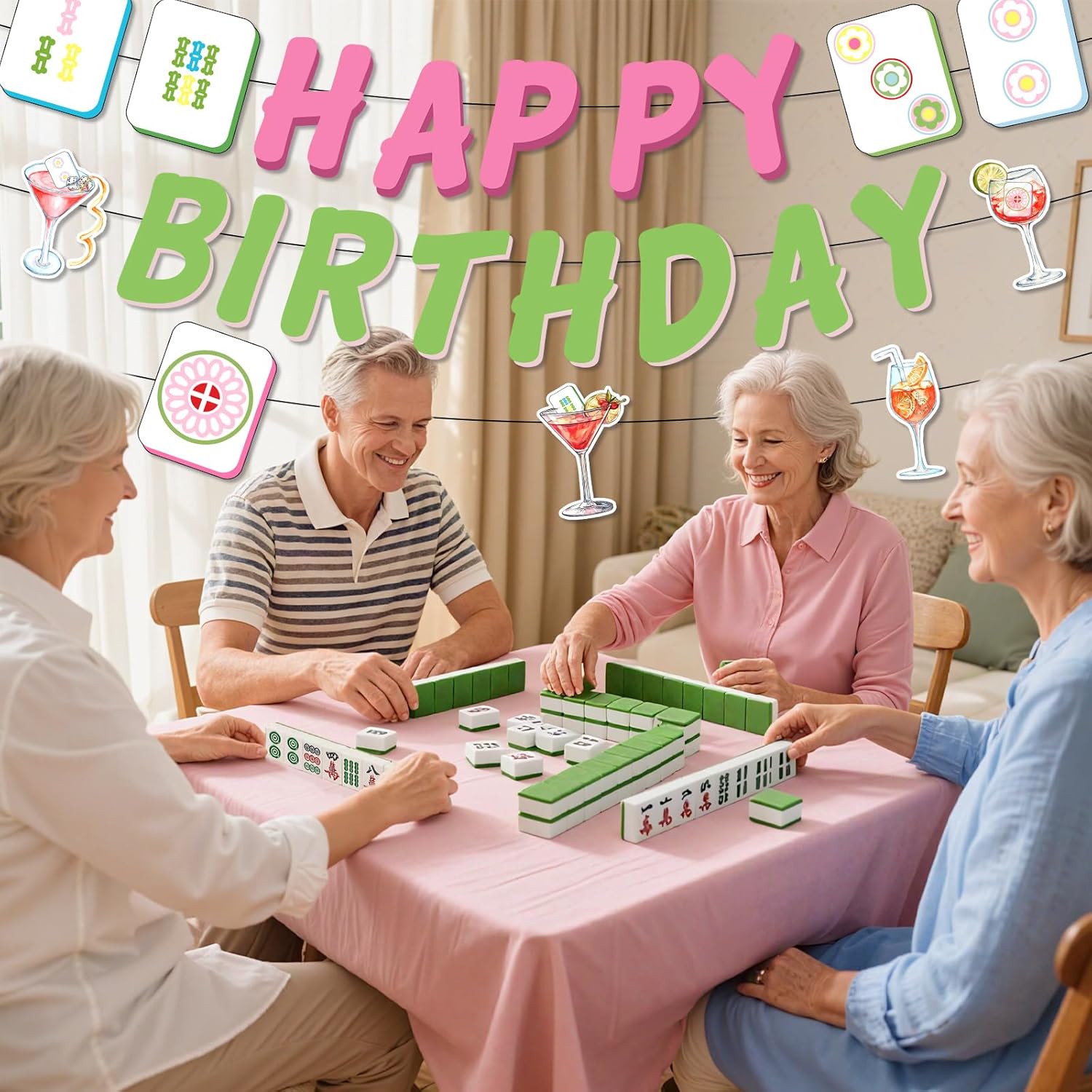 Mahjong Cocktail Party Decorations, Mah Jong Happy Birthday Banner Pink and Green Mahjong Themed Bunting Sign Banner for Game Night Celebration Ladies Birthday Party Supplies