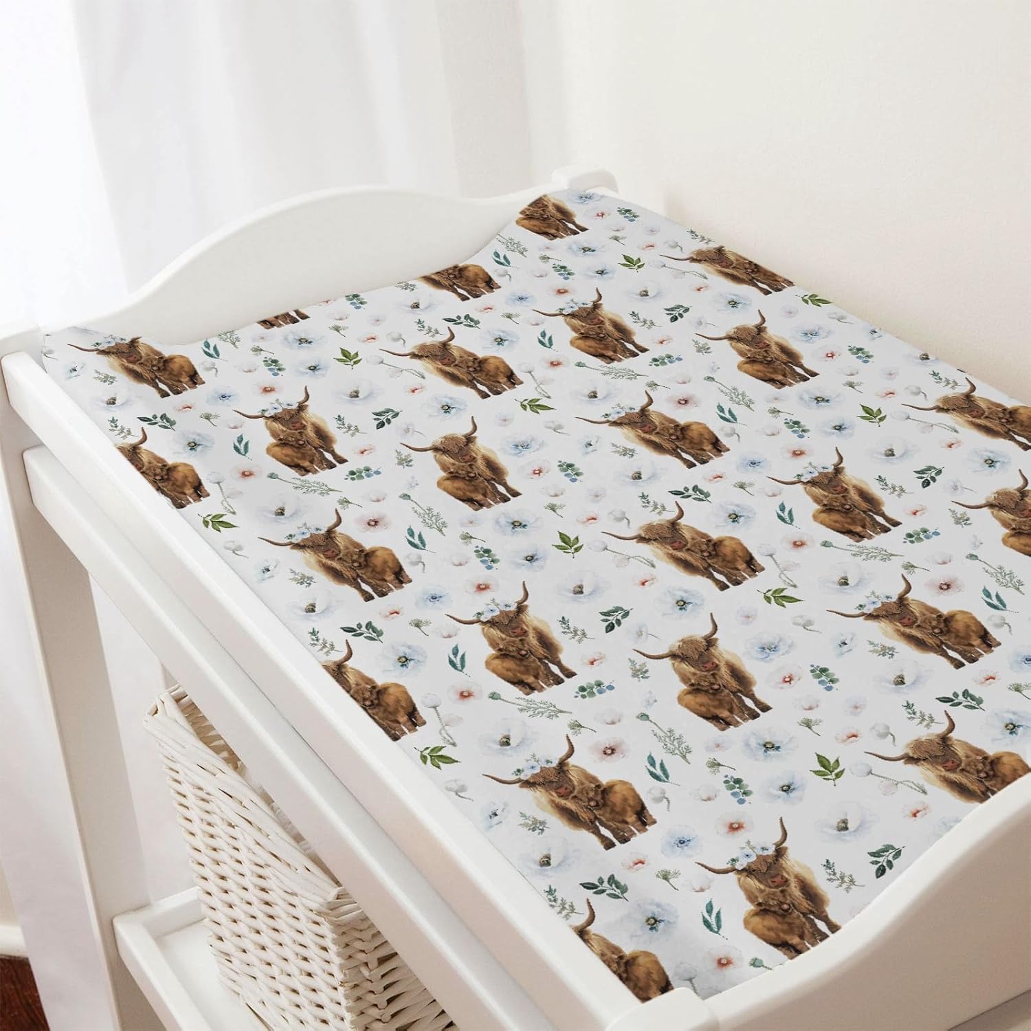 Highland Cow Poppy Leaves Baby Changing Pad Cover for Boy Girl 32''x16'' Highland Yak Boho Floral Fitted Diaper Change Table Sheets Farm Animal Comfort Soft Breathable Nursery Changing Table Mats