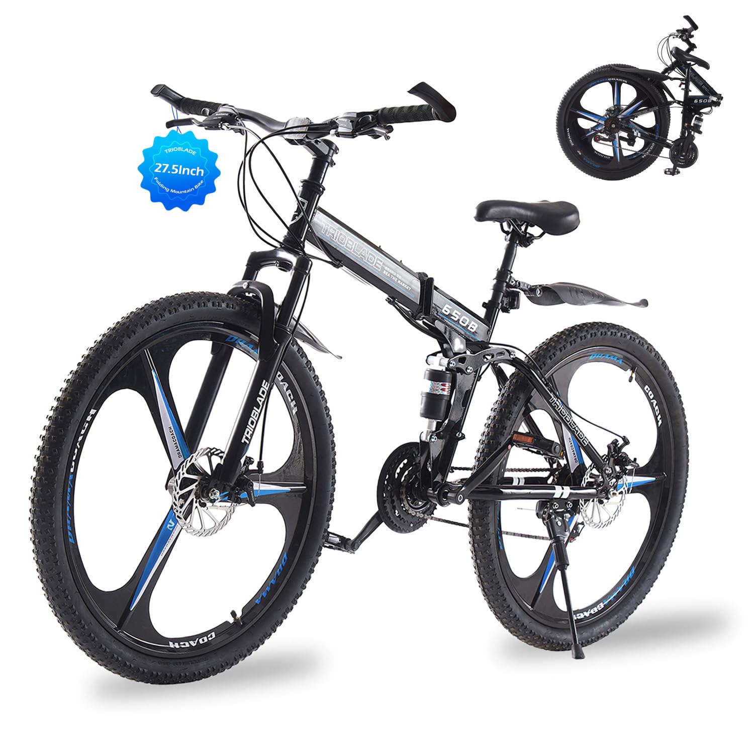 TRIOBLADE 24/26/27.5'' Folding Mountain Bike 21Speed Foldable Mountain Bicycle with Dual Disc Brakes 3 Spoke Wheels Mountain Bikes Dual Suspension Design for Adult Men Women