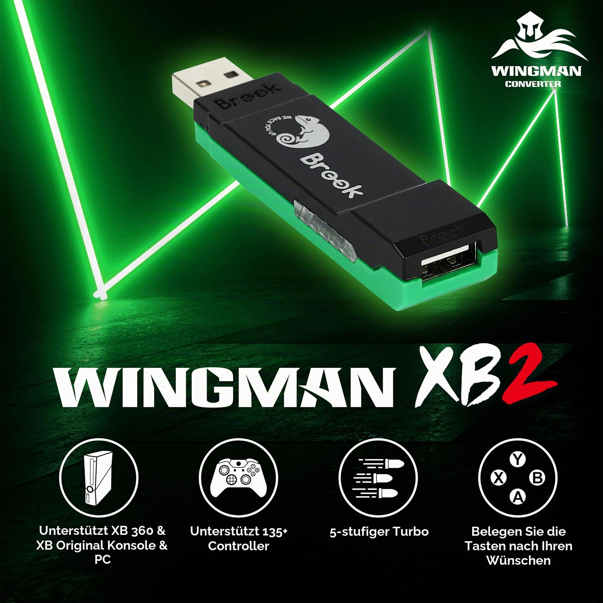 Brook Wingman XB 2 Konverter mit Schlüsselanhänger - Wireless Controller Adapter für XB 360, XB Original Konsolen und PC, unterstützt Remap und einstellbaren Turbo [Exklusive Version]