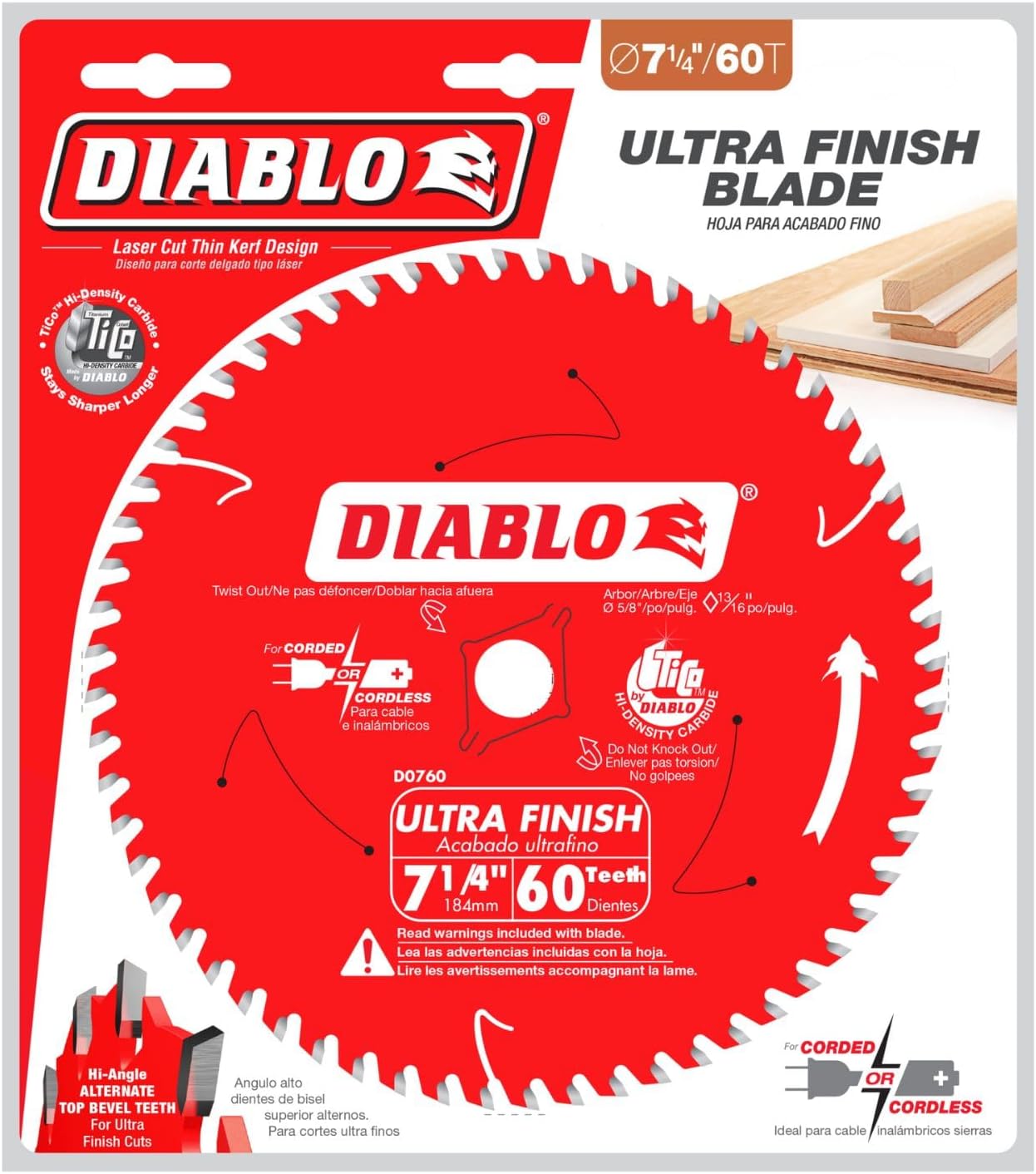 Diablo Ultra Finish Carbide Saw Blade for Wood - 7-1/4" Diameter, 60 ATB Teeth, 5/8" Arbor, .059" Kerf, 10� Hook Angle, .040" Plate, 8000 Max RPM - D0760A