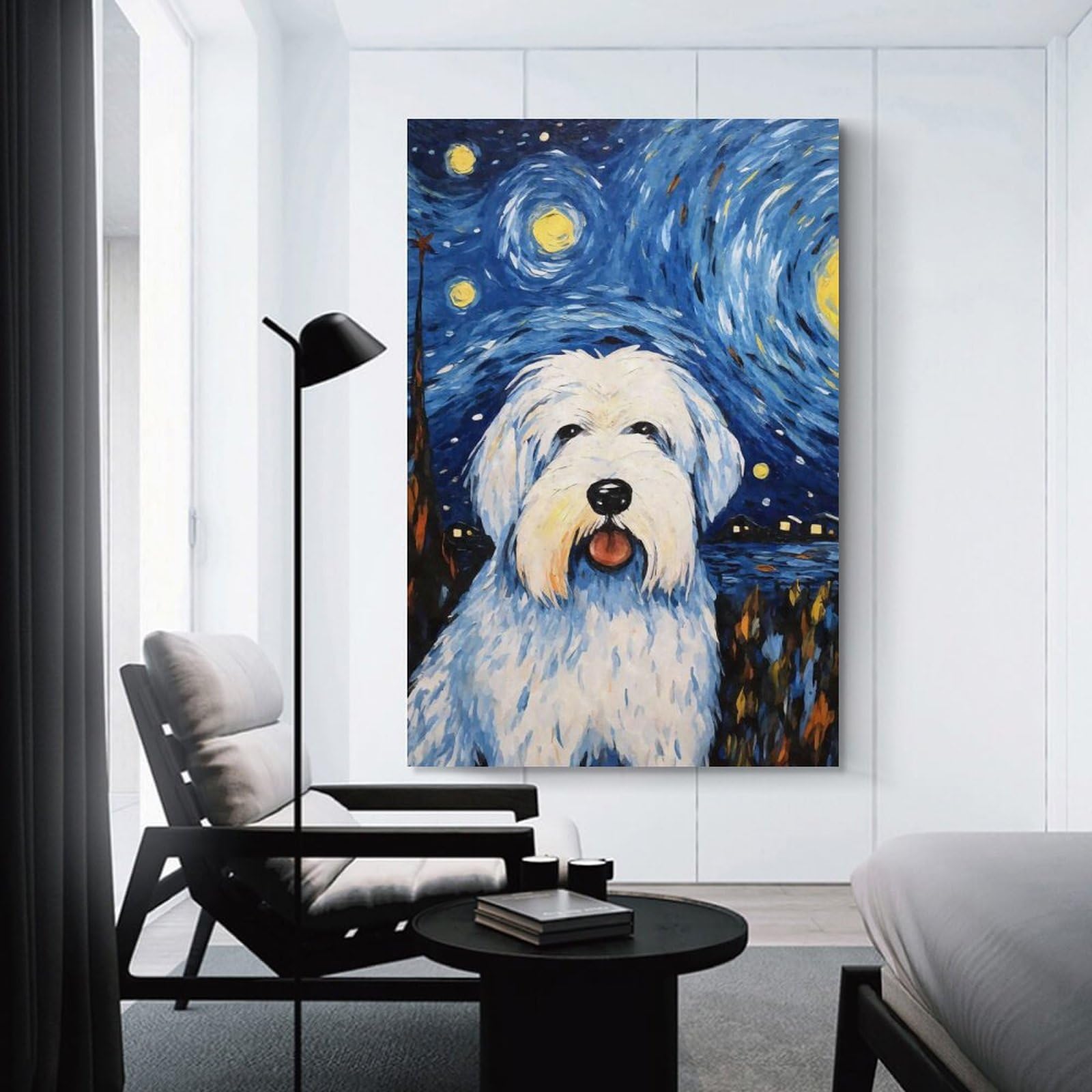 Junmoney Unframe-Style-21 Old English Sheepdog Night Decorative Canvas Print, 20X30inch(50X75cm), For Home, Office, Studio Or Guest Room, Versatile Wall Decor For Many Rooms