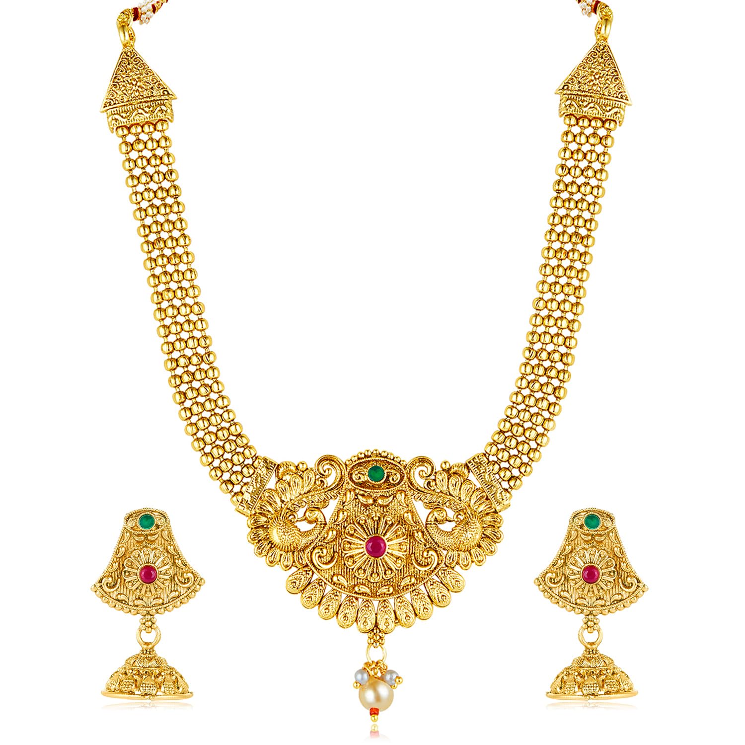 Peora Traditional Gold Plated Rani Pink Green Synthetic Stone & Pearl Studded Necklace & Jhumki Earrings Ethnic Jewellery Set for Women & Girls (B0D7CVBWX6) Amazon Price History, Amazon Price Tracker