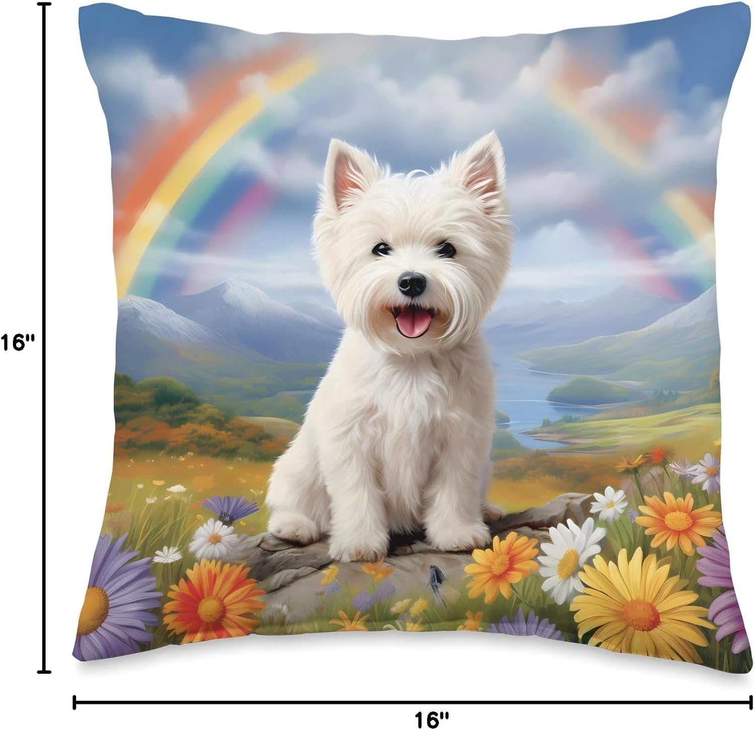Westie Rainbow Bridge Cute West Highland Terrier Dog Art Throw Pillow