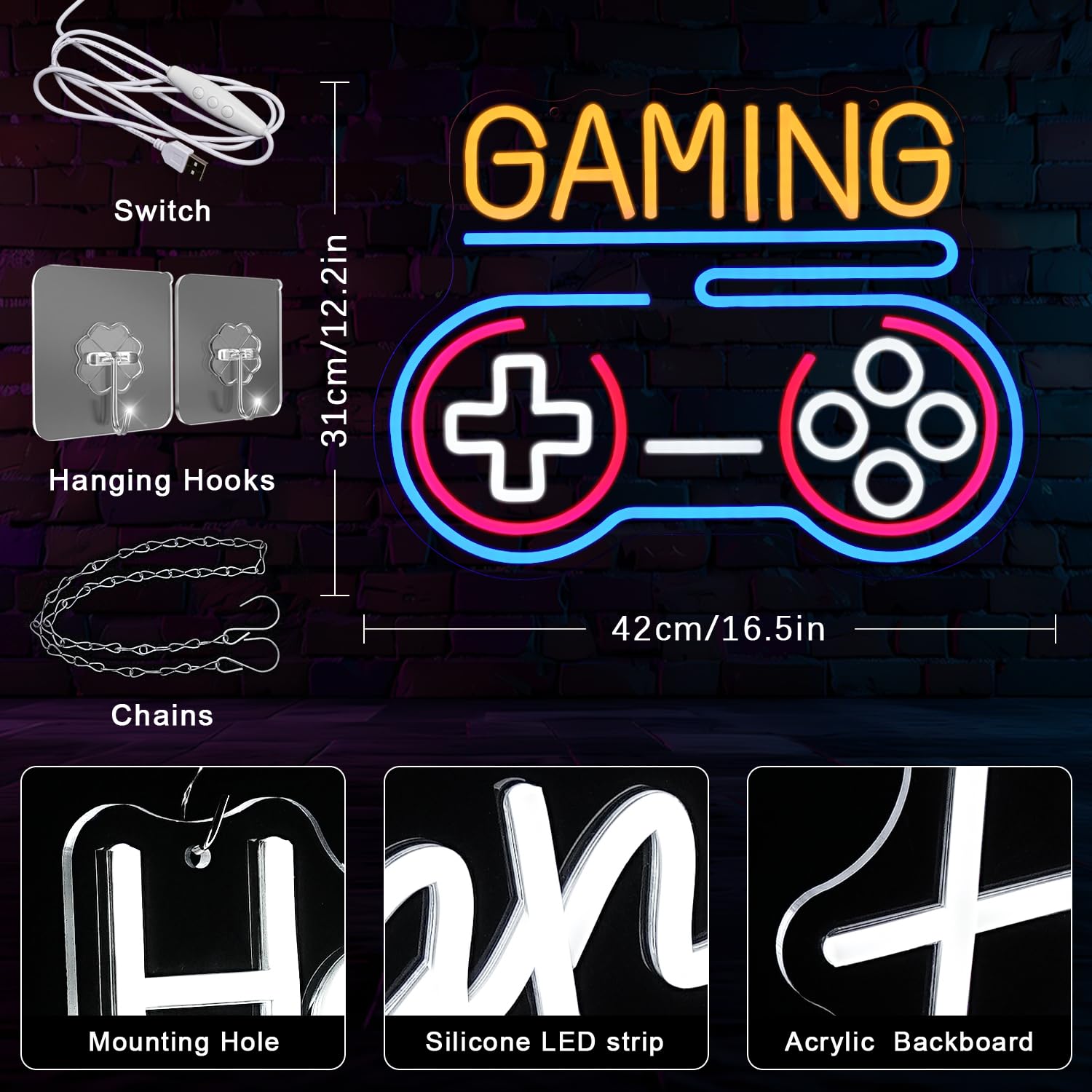 LMSIGNLY Gaming Neon Sign for Wall Decor Game Neon Light Gamer Neon Light Sign Letter LED Sign for Home Boysroom Game Zone Shop Gaming Club - Image 3