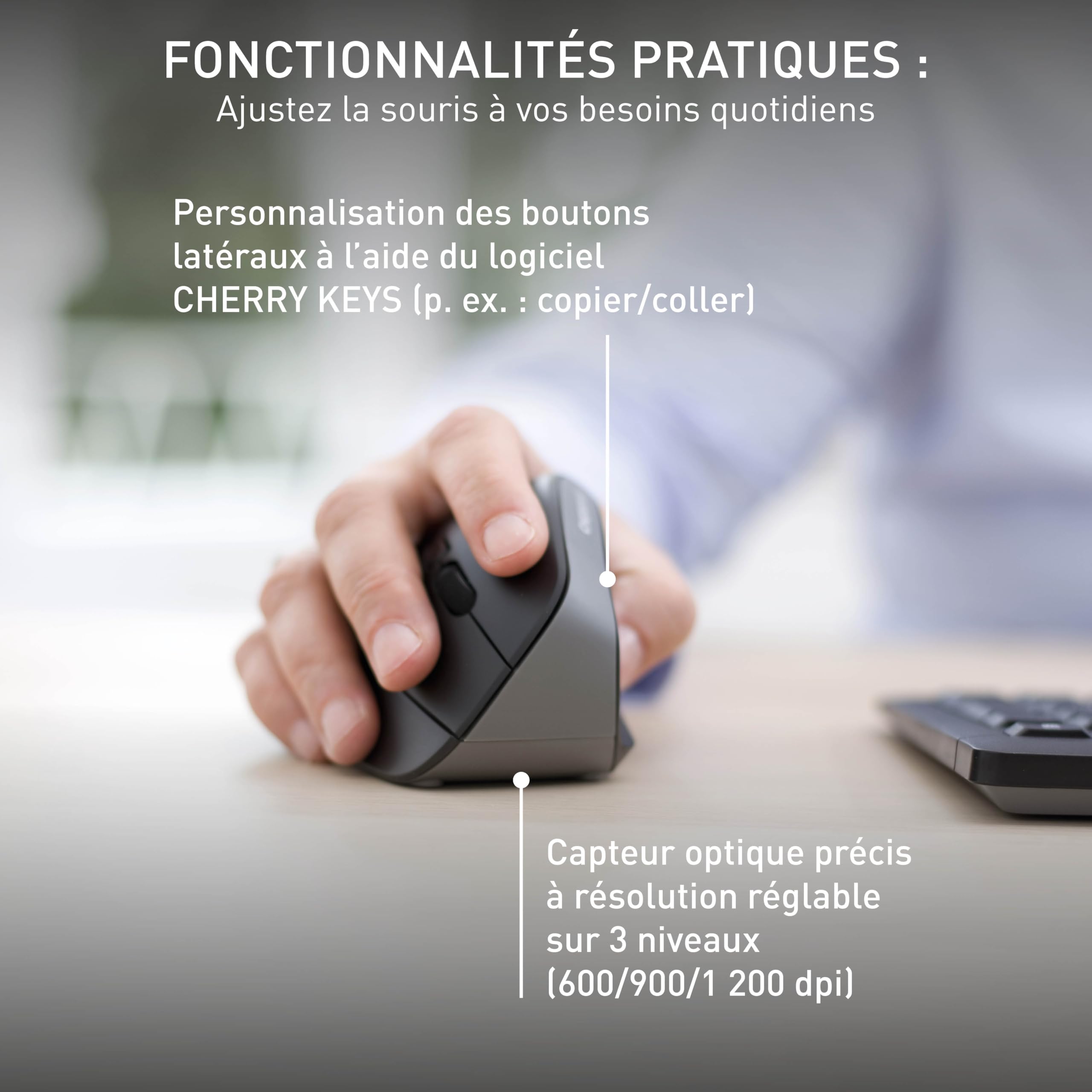 Cherry MW 4500, Souris Verticale Ergonomique pour Droitiers, sans Fil (Radio 2,4 GHz), Résolution Réglable sur 3 Niveaux Jusqu'à 1200 Dpi, Piles, Noir