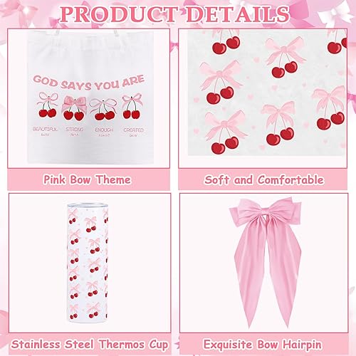 Miniatura 3 de Juego de regalo de lazo rosa, cesta de cumpleaños para adolescentes, niñas, regalos de coqueta rosa para mujeres, juego de regalo de lazo de cerezo,