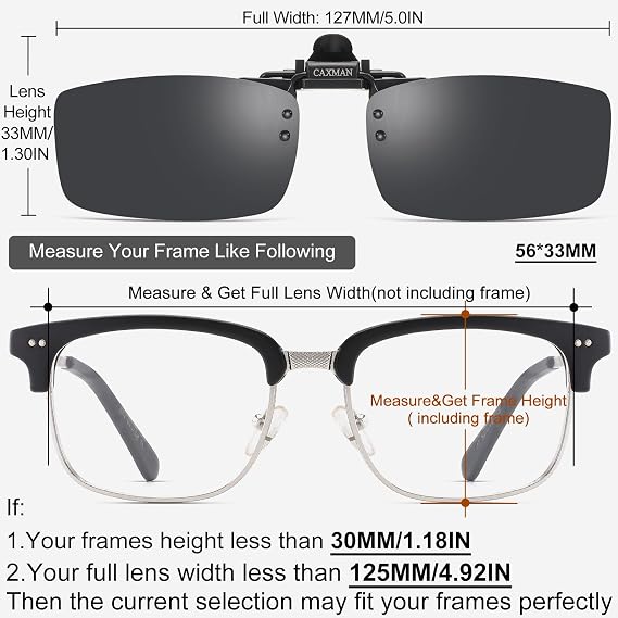 CAXMAN Polarized Clip-on Flip Up Metal Clip Rimless Sunglasses for Prescription Glasses