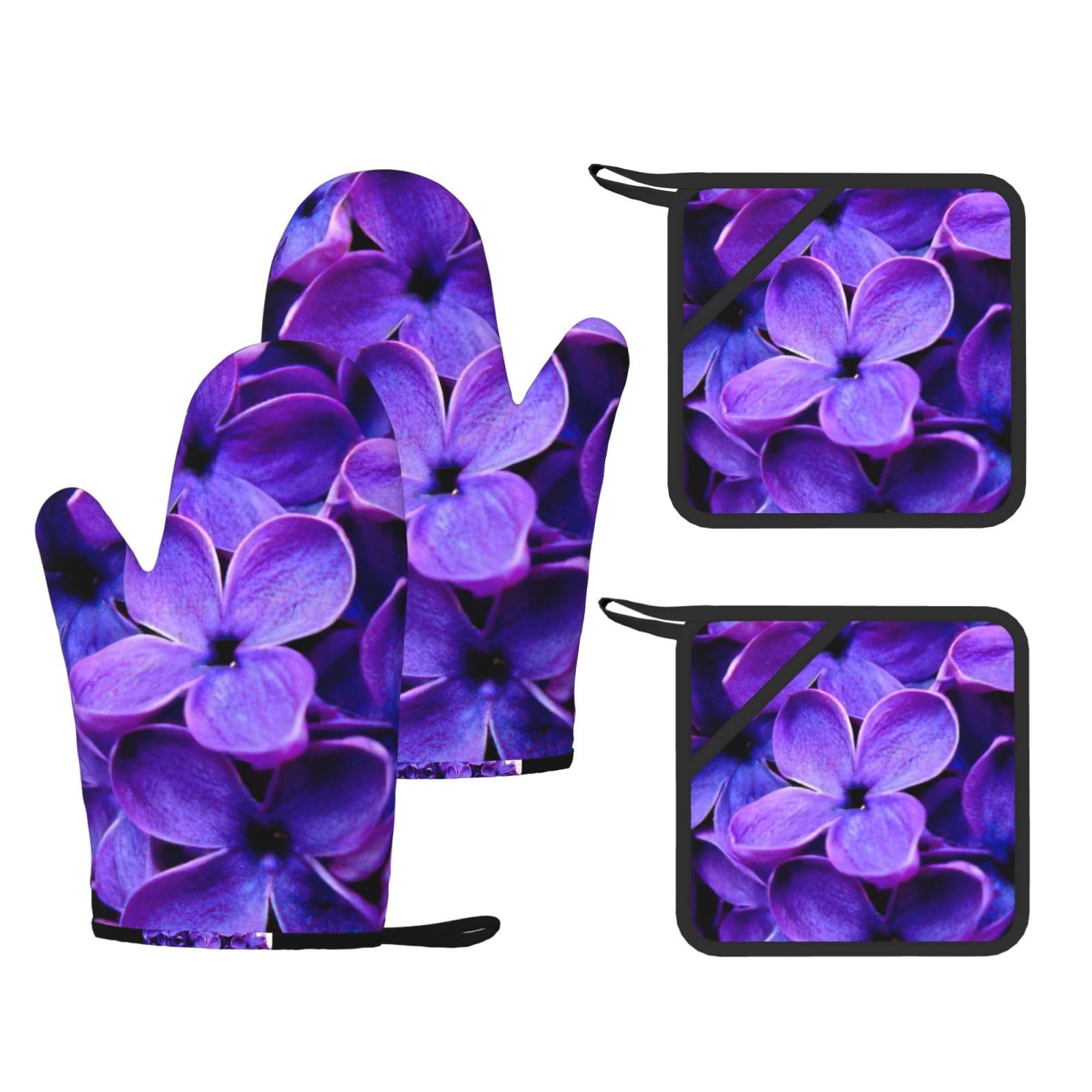 Gants de cuisine et maniques fleurs violettes, idée cadeau four