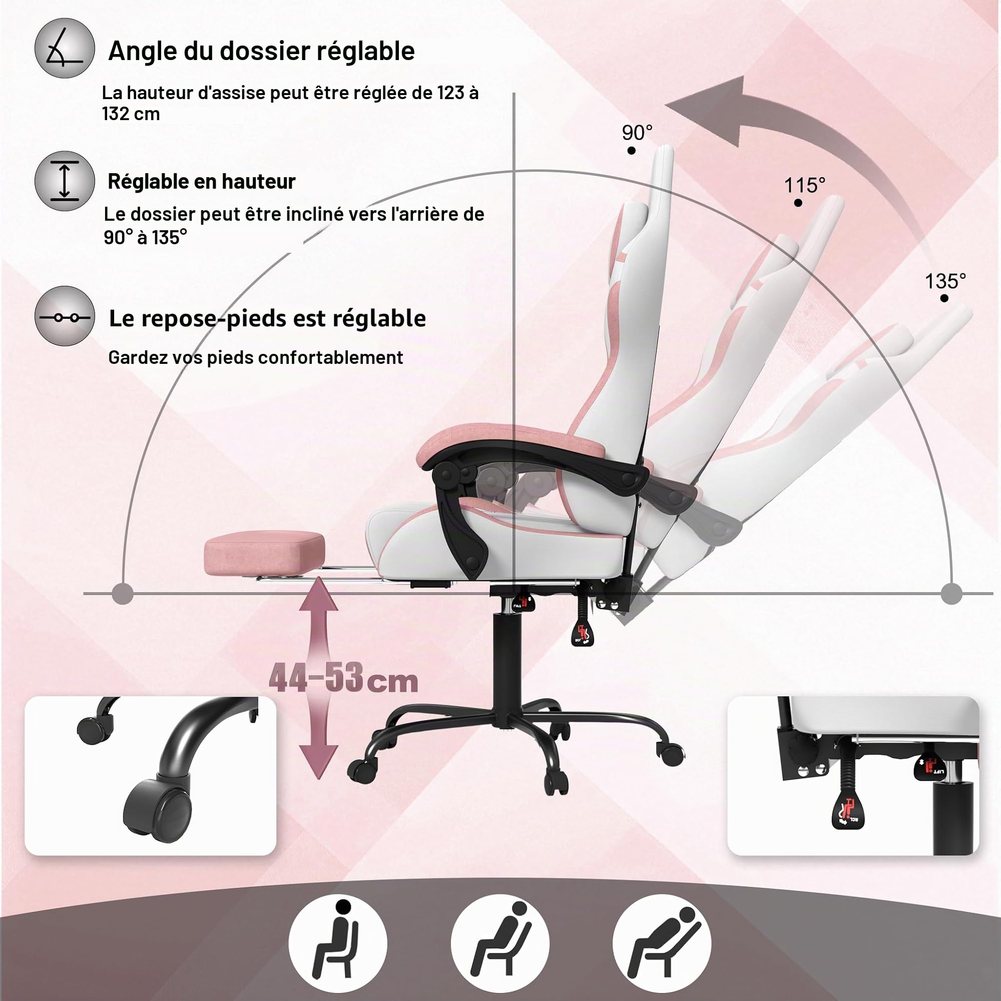 YRHome Chaise de gaming réglable en hauteur avec oreiller, coussin lombaire à vibrations, repose-pieds et accoudoirs, chaise de gamer ergonomique, surface en velours rose