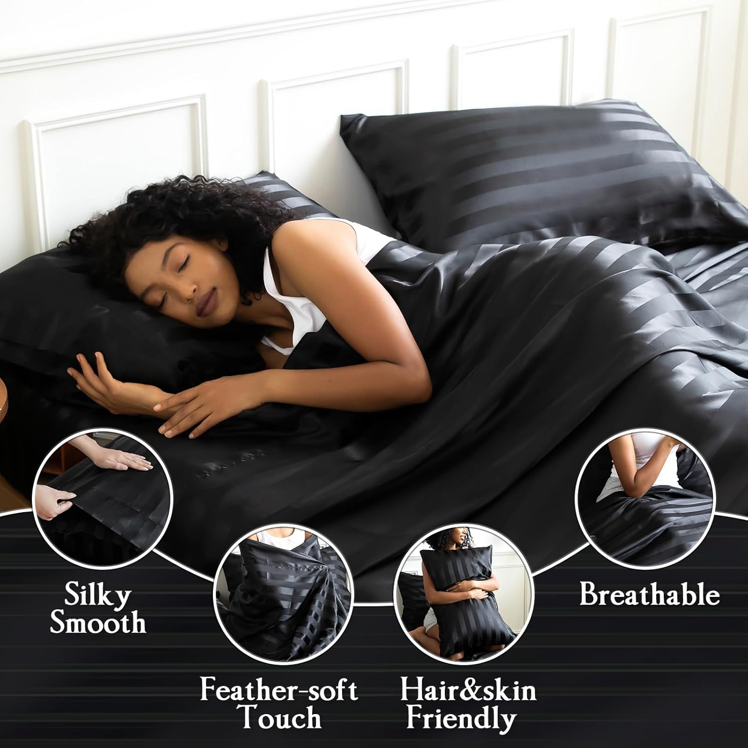 Satin Sheets King Size Bed Set,Similar to Silk Sheets,4Pcs Luxury Satin Sheet Set with 15 Inches Deep Pocket (King,Striped Black)