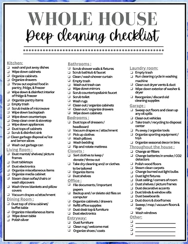 Whole House Deep cleaning Checklist: Household Chores cleaning checklist for