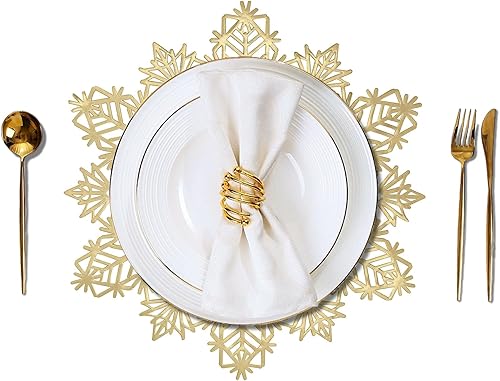 Juego de 12 manteles individuales redondos dorados metálicos, de vinilo, PVC, huecos, copos de nieve, comedor, cocina, decoración para Navidad,