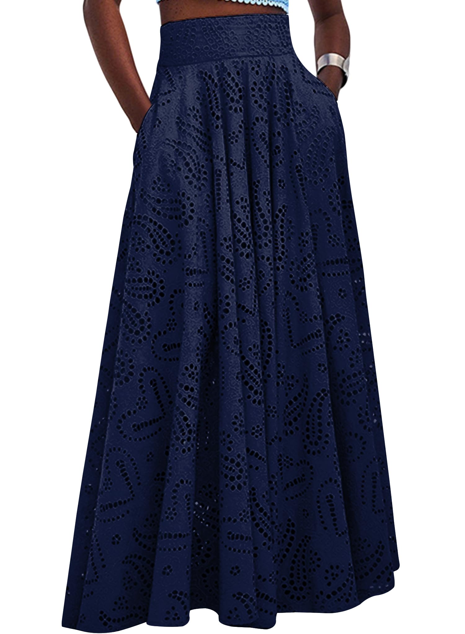 Women Fall Long Maxi Eyelet Embroidered Party Club Pleated Cute Ladies Skirt
