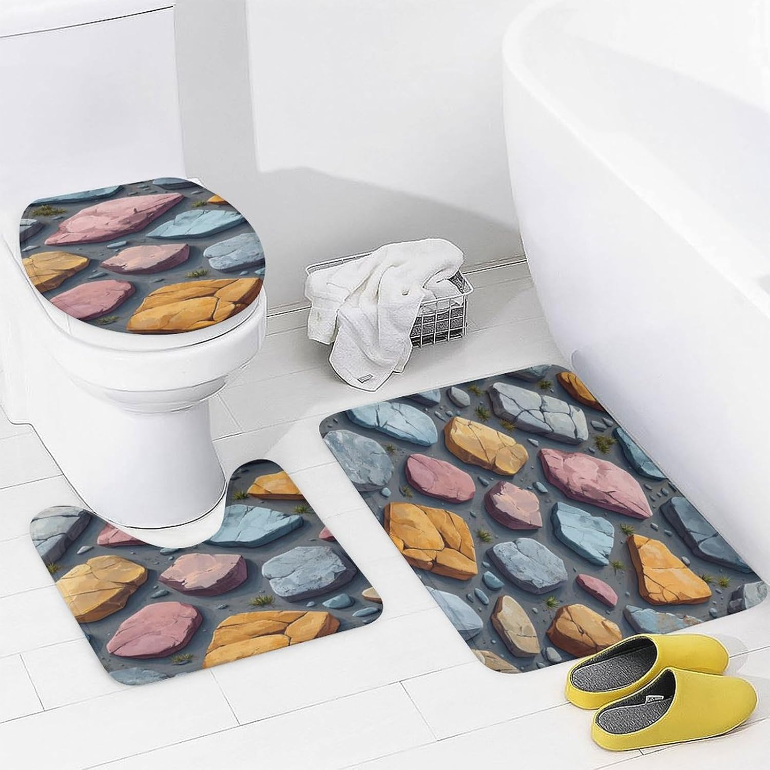 Bathroom Mat Set, Stone Pattern Printed on Bathroom Accessories Sets Complete, Ideal for Apartment RV College Dorm, 72 x 72 inches