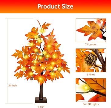 Fall Decor 2FT Lighted Maple Tree - 24 Inch Tabletop Fall Tree with 36 LED Lights, 72 Maple Leaves, 6 Pines, Timer, Battery or USB Operated Artificial Tree Fall Decorations for Home