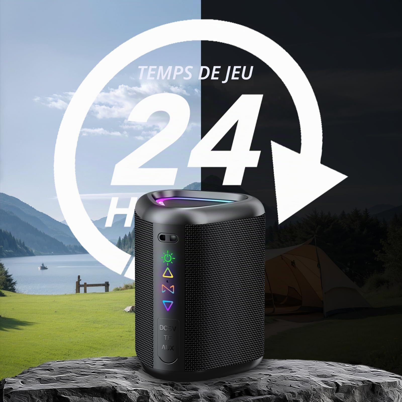 aowoka 2025 Enceinte Bluetooth Portable sans Fil avec Lumière LED, Bluetooth 5.4, 24 hrs, Basses Puissantes, Surround Stéréo, Étanche IPX7, Idéal pour Les Voyages/Sport/Fêtes/Cyclisme, Noir