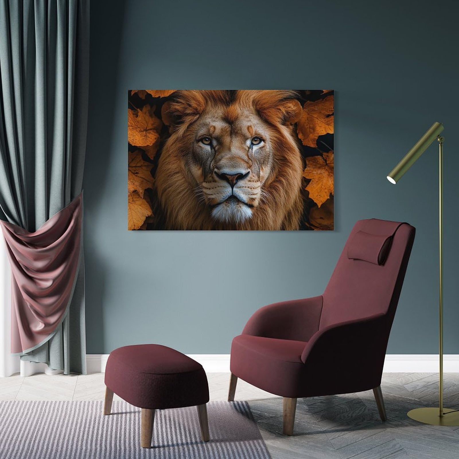 Junmoney Majestic Lion Portrait with Autumn Leaves Wall Picture Print 12x18inch(30x45cm), for Calm Bedrooms, Home Corners Or Flats, Home Artwork with A Soft Interior Feel