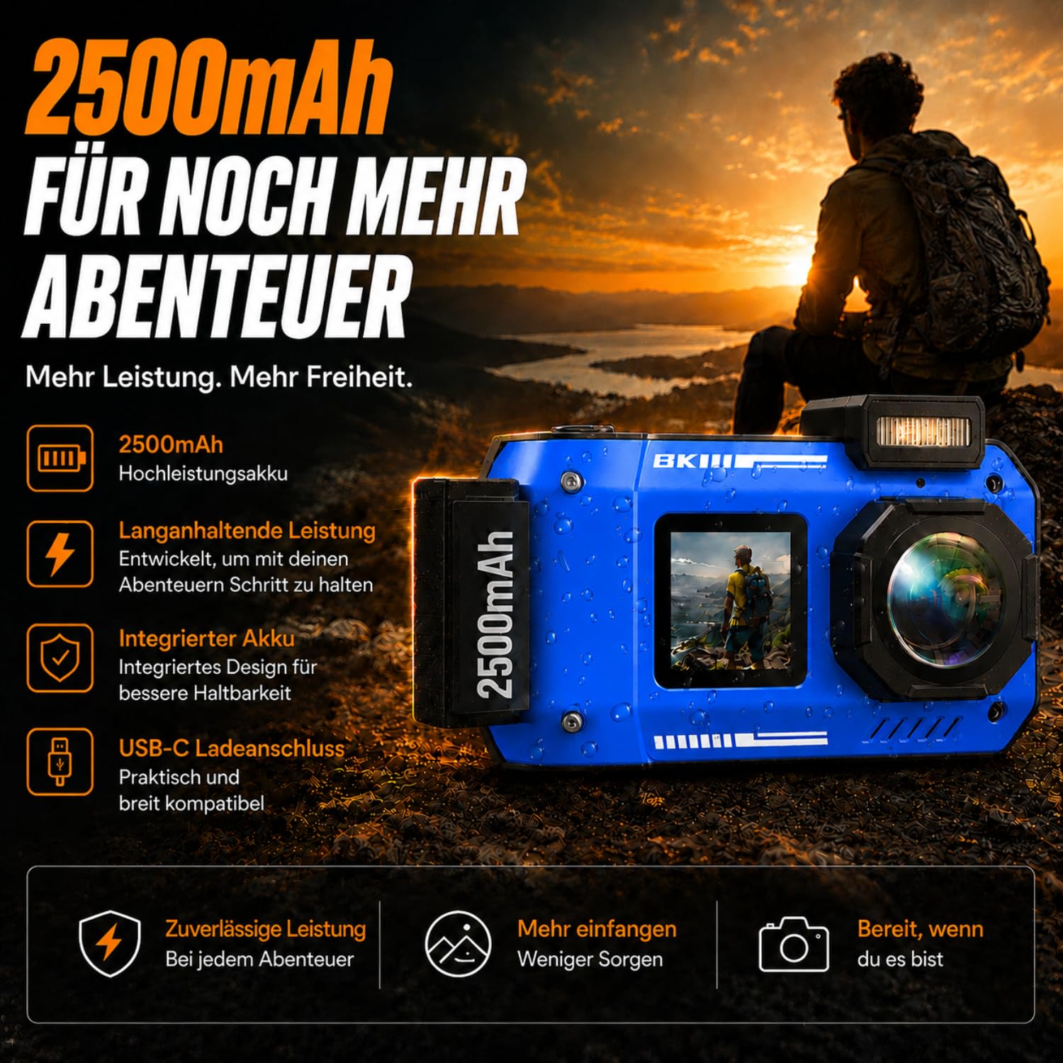 Maxmango D50 8K Unterwasserkamera,33FT wasserdichte Kamera mit 16GB Karte,2.8'' Dual-Screen Selfie Staubdichte, Stoßfeste Digitalkamera mit 2500mAh Batterie, 18X für Schnorcheln, Schwimmen und Urlaub
