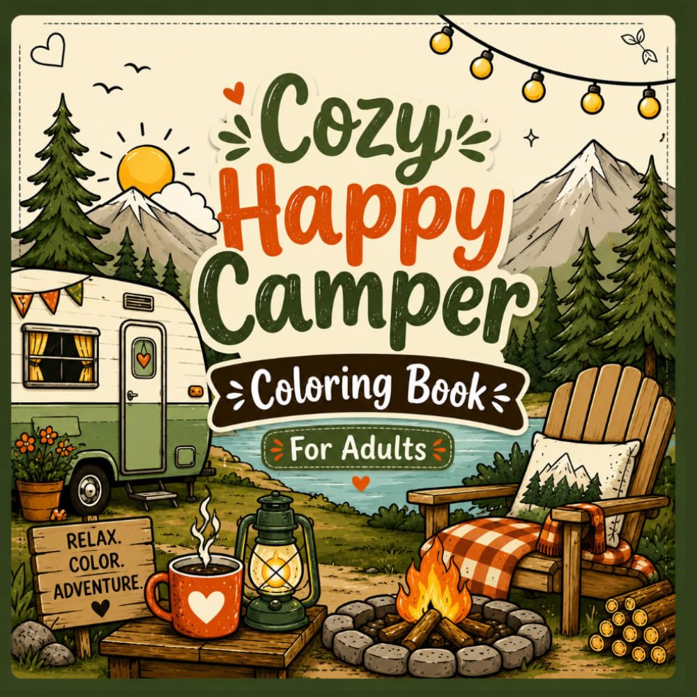Cozy Happy Camper Coloring Book for Adults: Relaxing Camping Scenes, Cozy Campfires, Scenic RV Adventures, Forest Cabins, Lakeside Escapes & Peaceful Outdoor Moments to Color