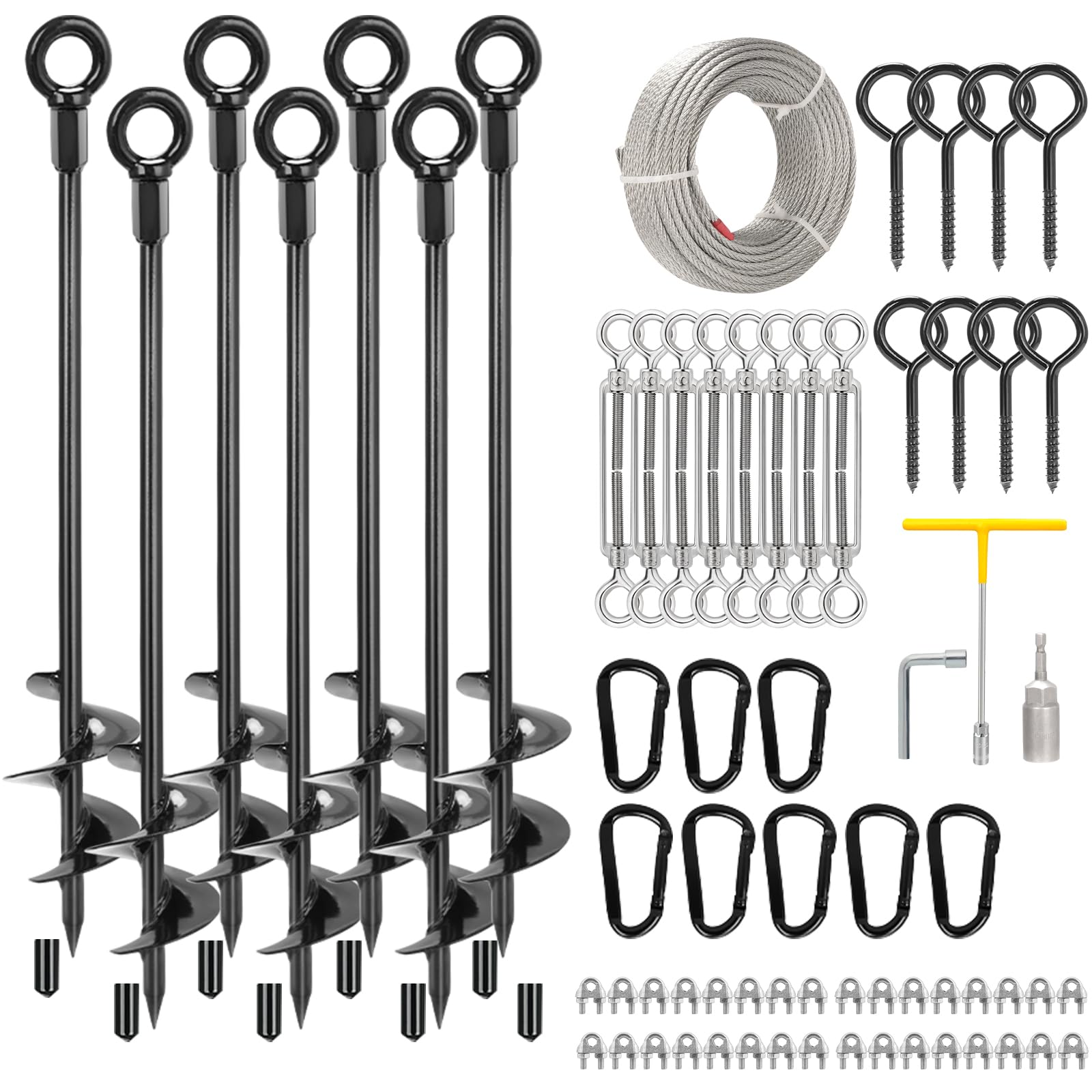 8 pcs 30" ground anchors heavy duty shed anchor kit with 3/16 galvanized cable & turnbuckles, triple-turn helix earth anchors for carport canopy gazebo trampoline swingset mobile home
